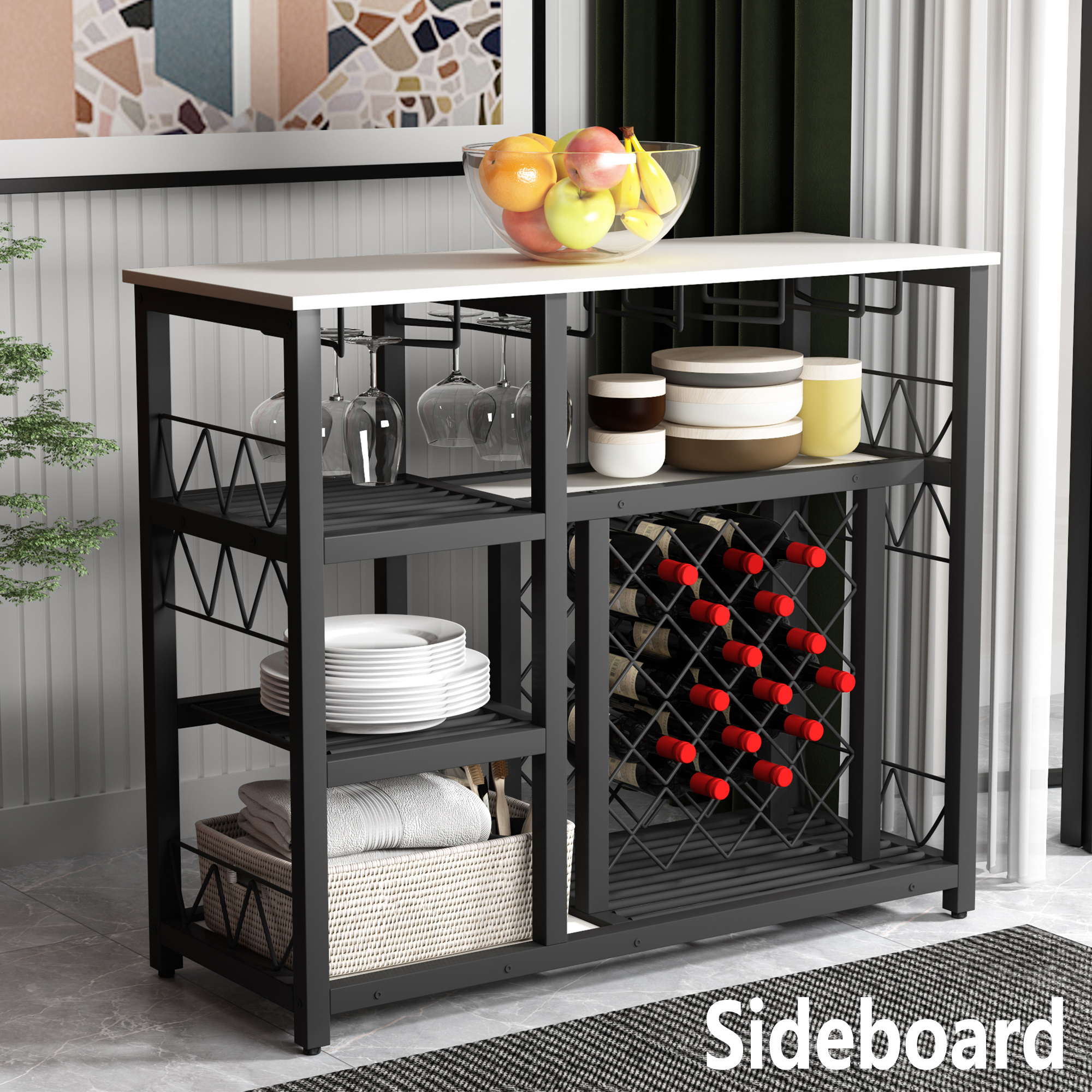 Modern Industrial Home Kitchen Dining Room Metal Wine Rack Table with Glass Holder, Freestanding Wine Bar Cabinet Console Table Buffet Table with 21 Bottles for Small Places, White Finish-Boyel Living