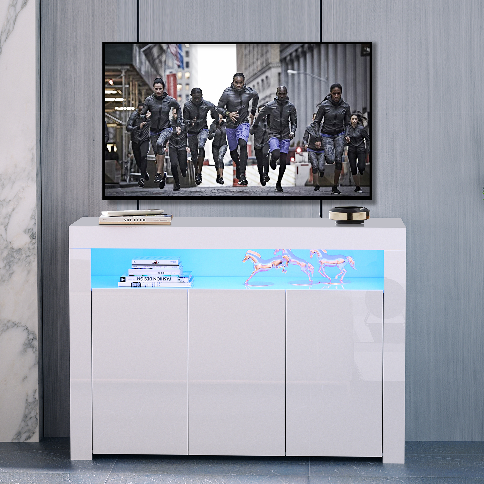WHITE SIDEBOARD UV COATED,TV STAND,TV TABLE,HIGH GLOSSY PANEL,WITH LED LIGHT,KITCHEN CABINET,BAR CABINET,MORERN AND FASHION FURNITURE-Boyel Living