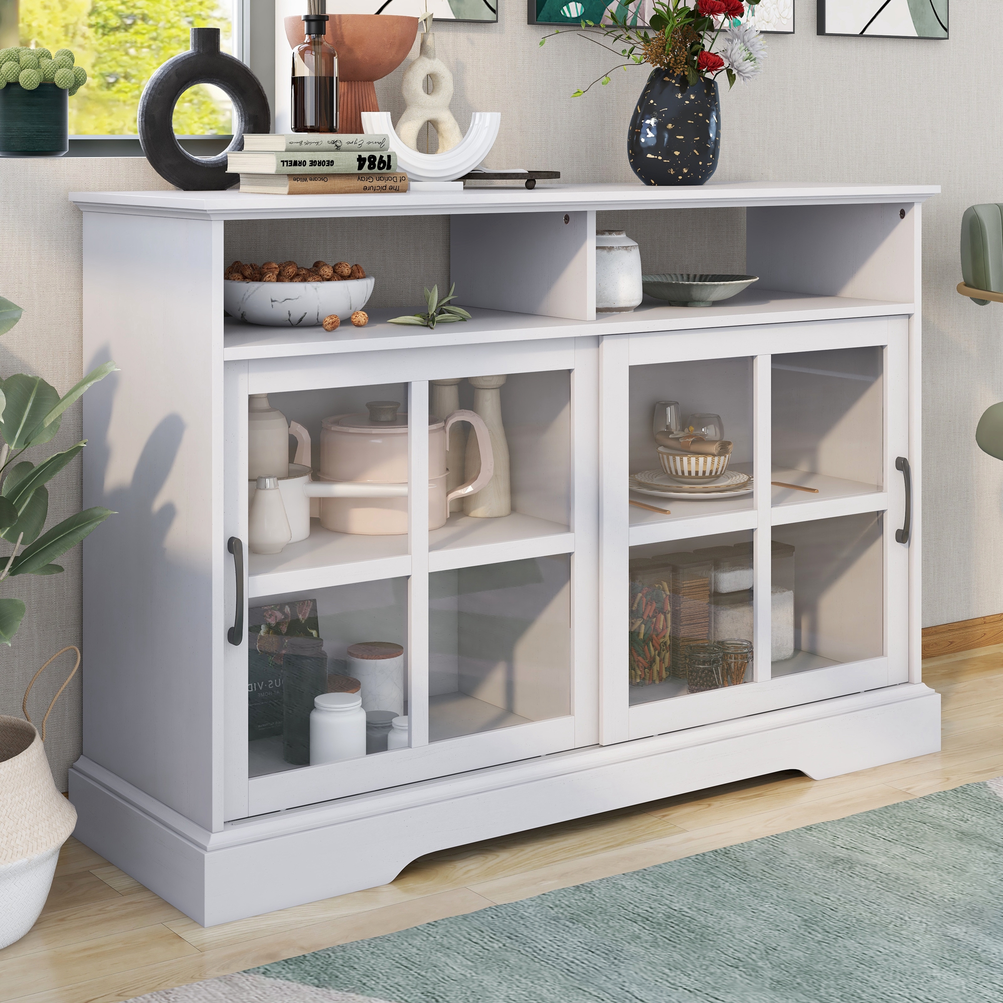 TREXM Modern Kitchen Sideboard Buffet with 2 Glass Sliding Doors and Adjustable Shelves Storage Cabinet for Dining Room (Antique White)