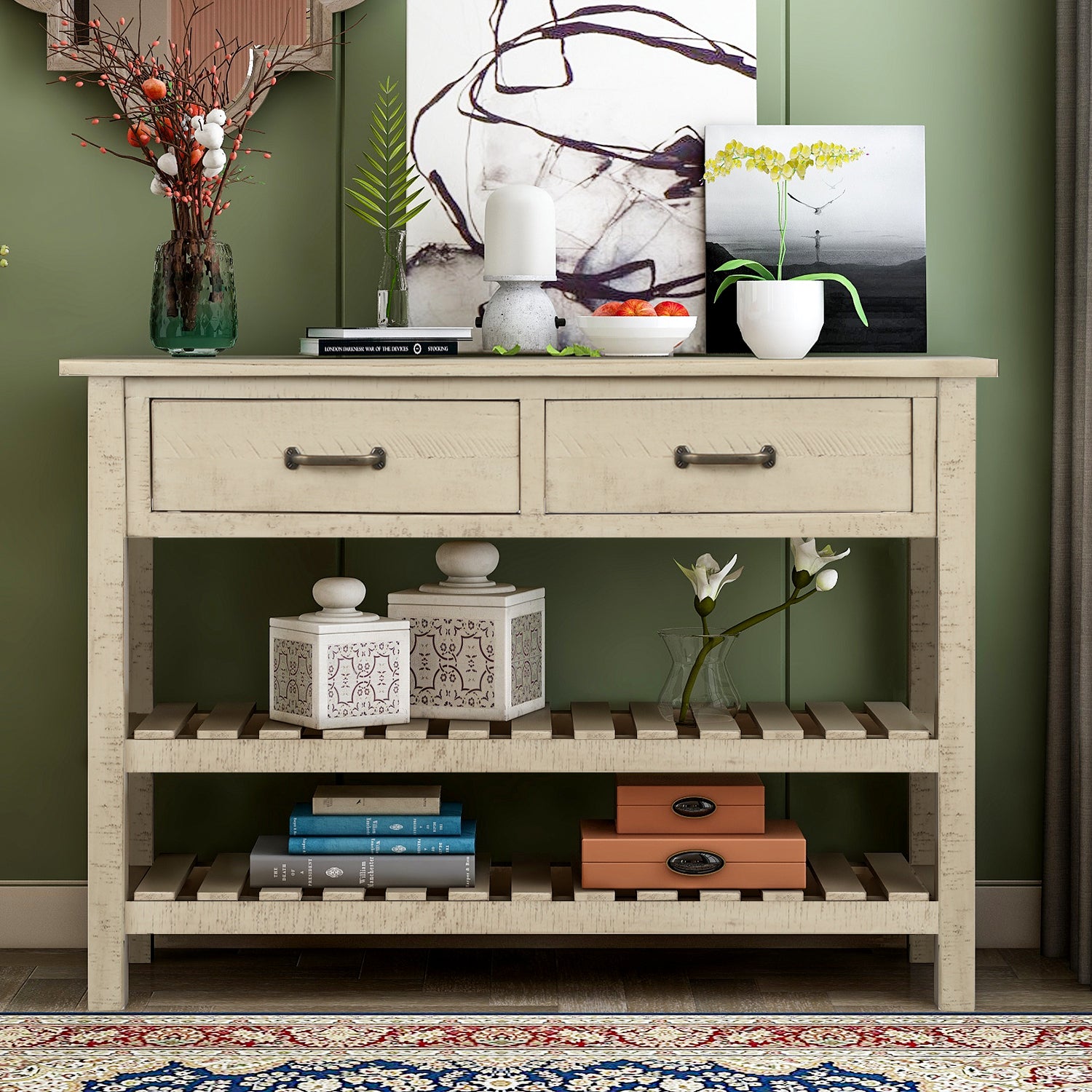 Retro Console Table for Entryway with Drawers and Shelf Living Room Furniture-Boyel Living