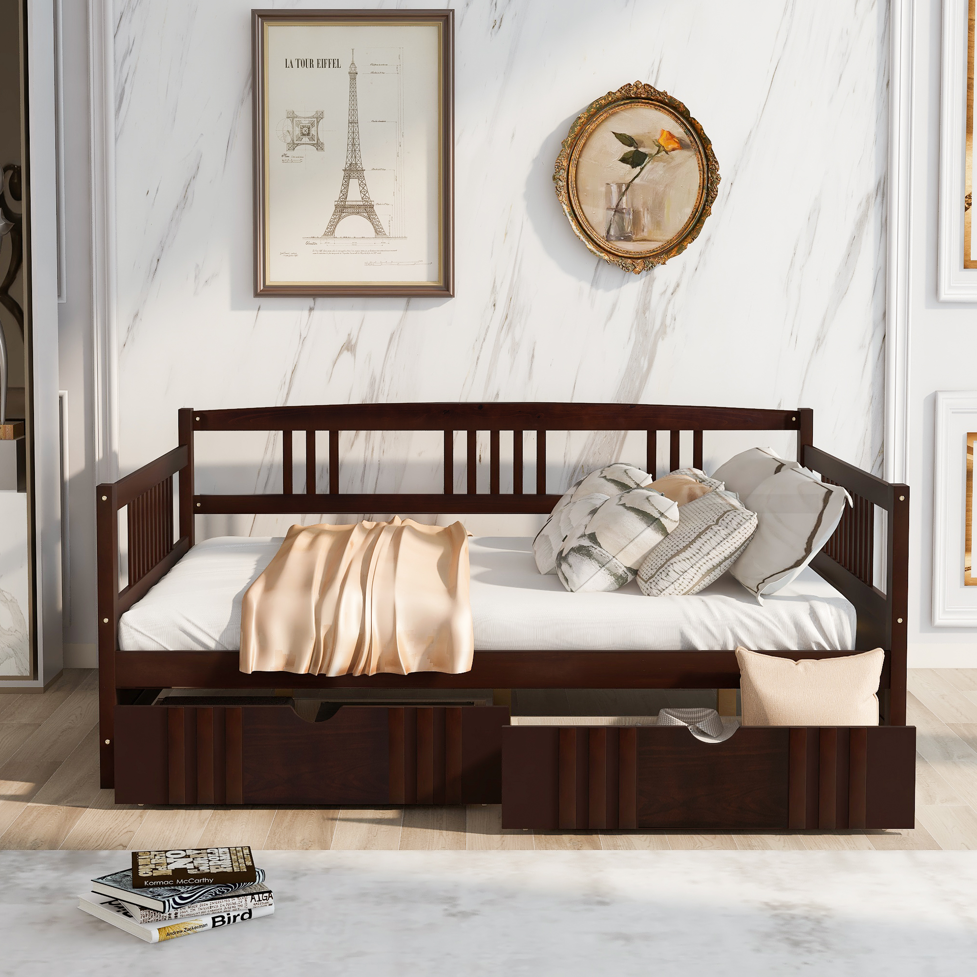 Full Size Daybed Wood Bed with Two Drawers,Espresso-Boyel Living