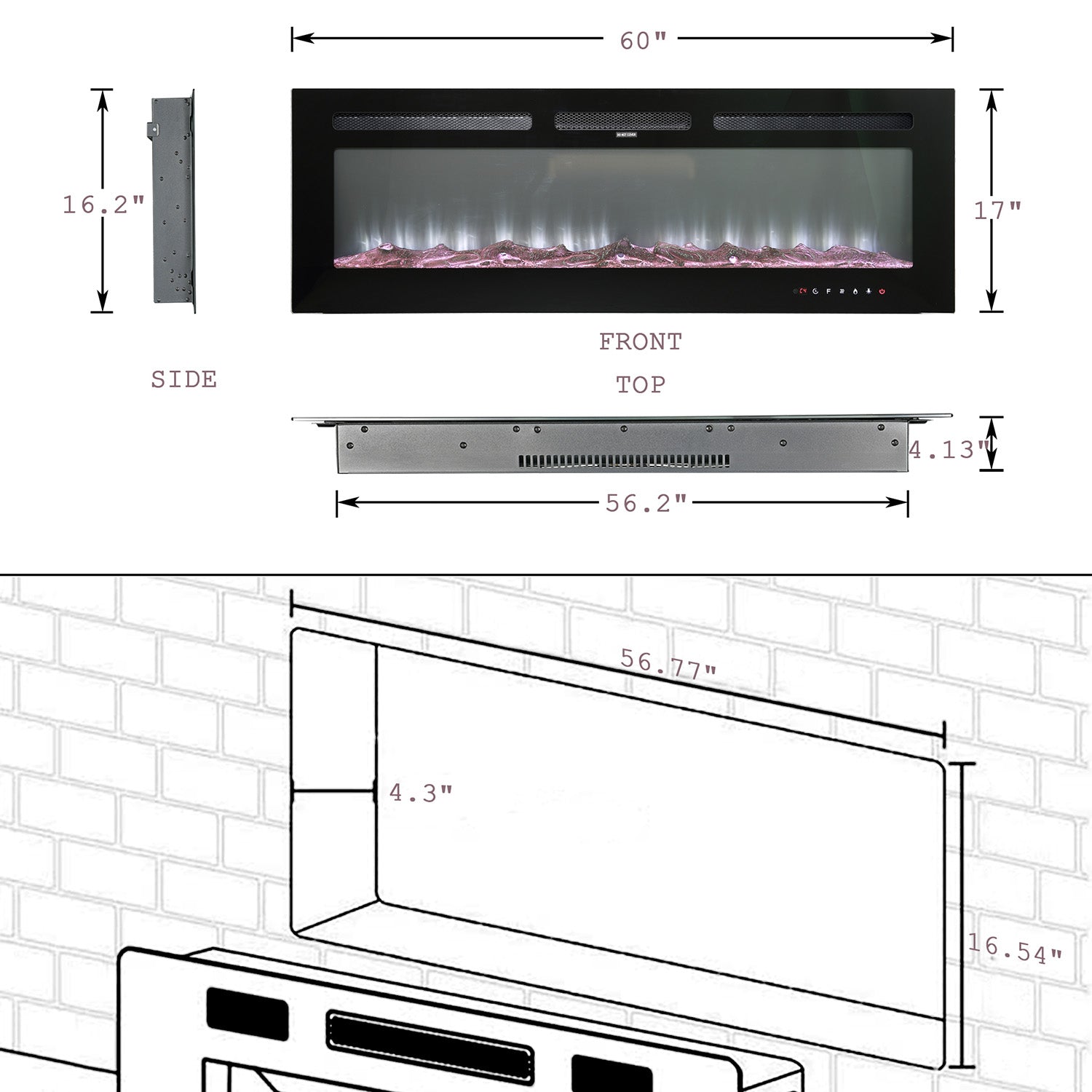 Boyel Living Electric Wall Mounted Recessed Fireplace with Remote 1500/750 Watt in Black, 30/36/40/50/60 in.-Boyel Living