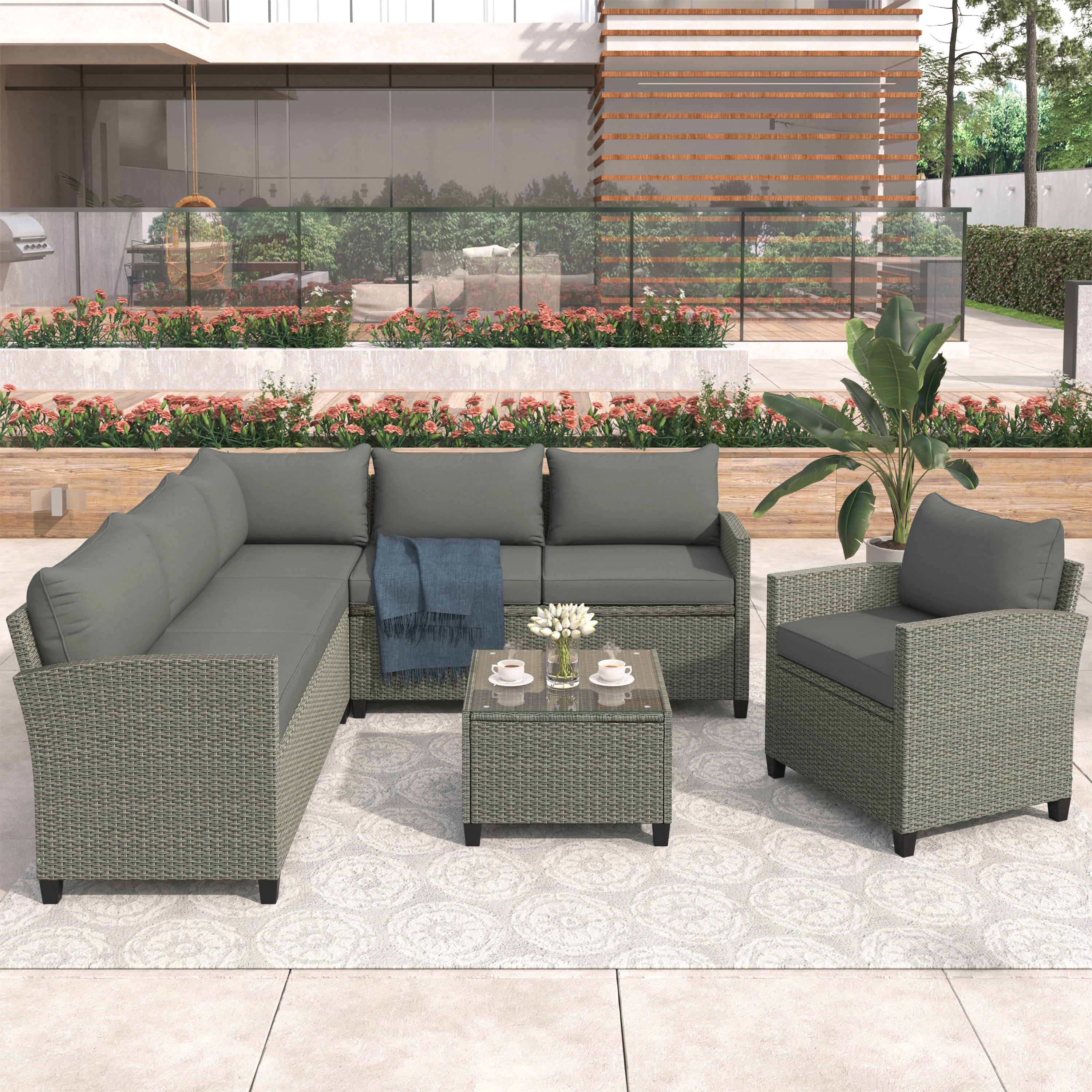 Patio Furniture Set, 5 Piece Outdoor Conversation Set，with Coffee Table, Cushions and Single Chair-Boyel Living
