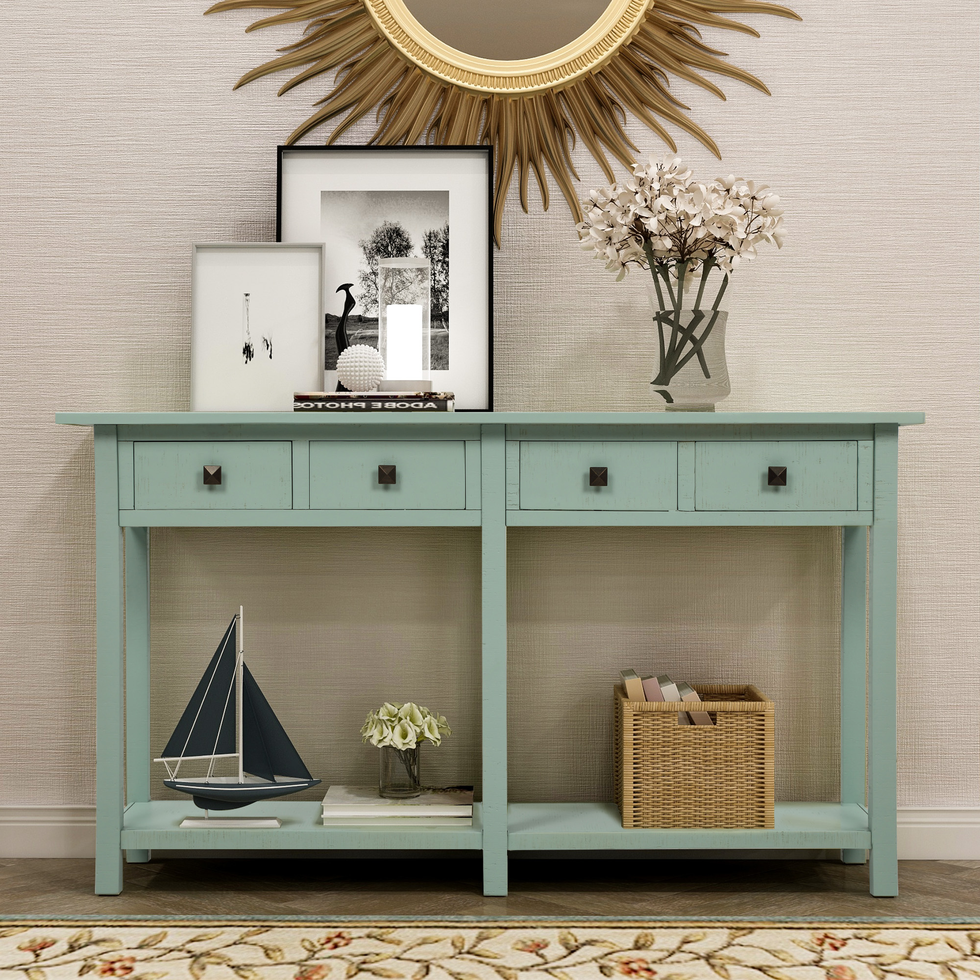 Rustic Brushed Texture Entryway Table Console Table with Drawers and Bottom Shelf for Living Room (Tiffany Blue)-Boyel Living
