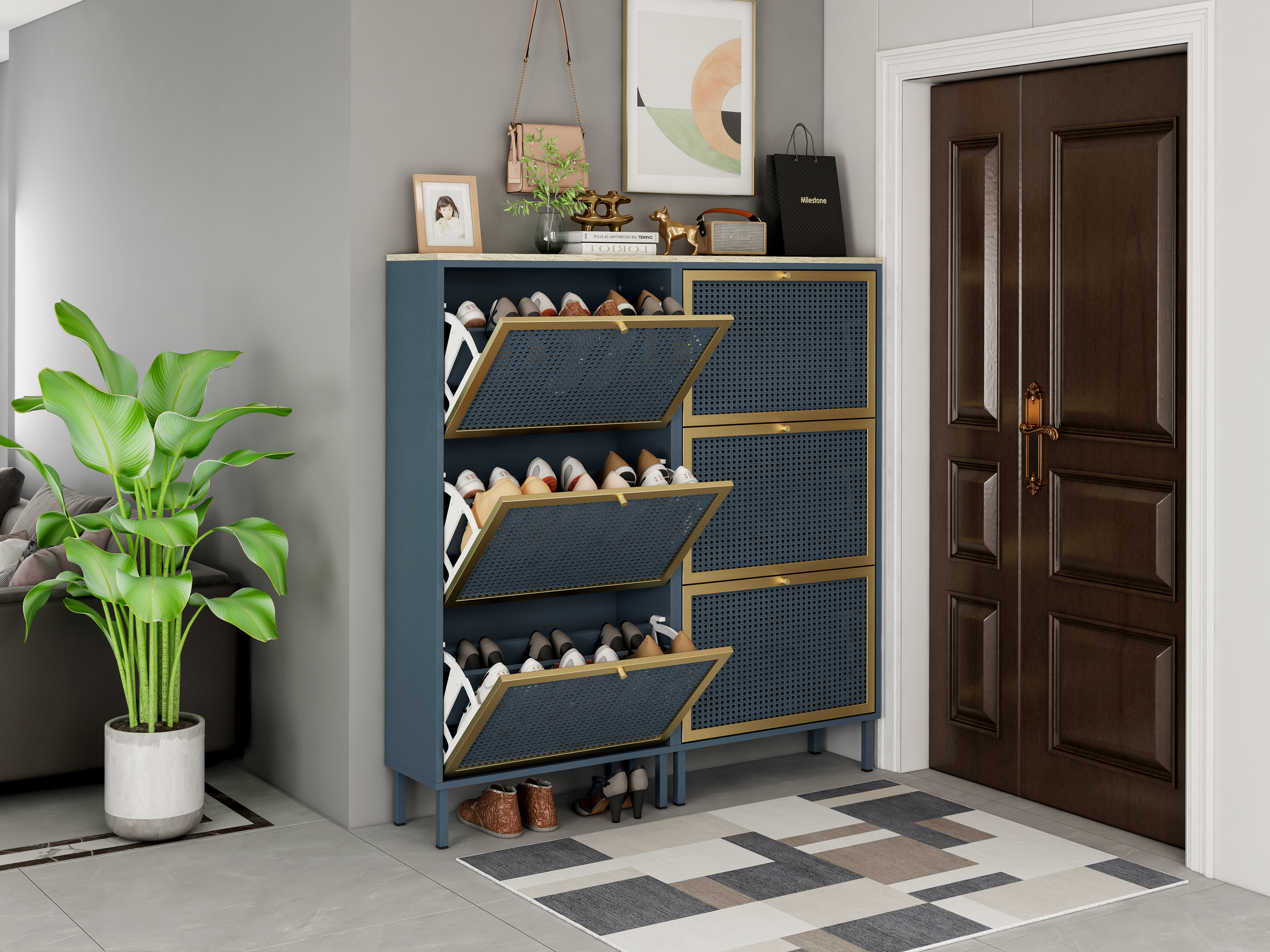 3 Metal Door Shoe Rack, Freestanding Modern Shoe Storage Cabinet, Metal rattan, for Entryway 