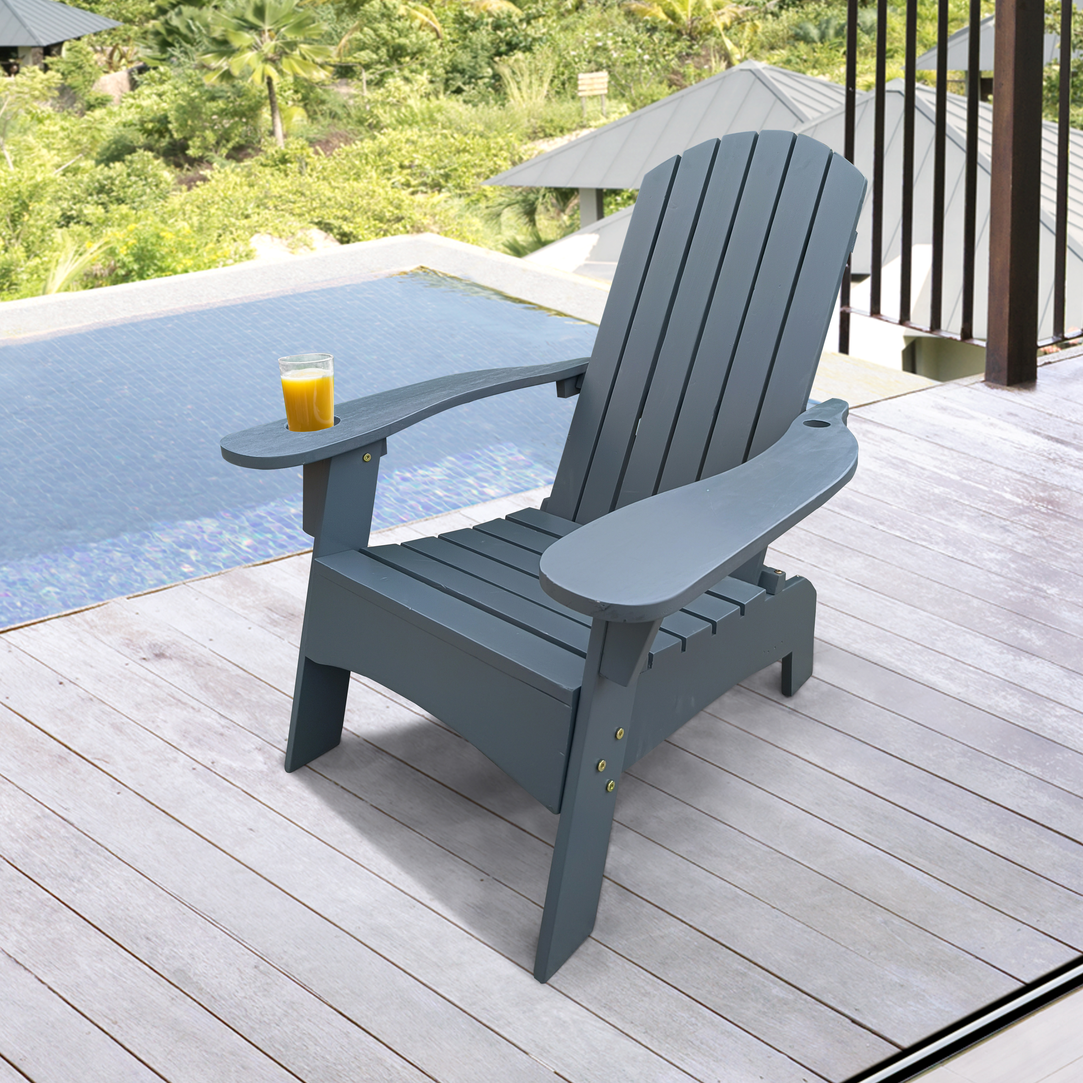 Outdoor or indoor Wood  Adirondack chair with an hole to hold umbrella on the arm ,Gray-Boyel Living