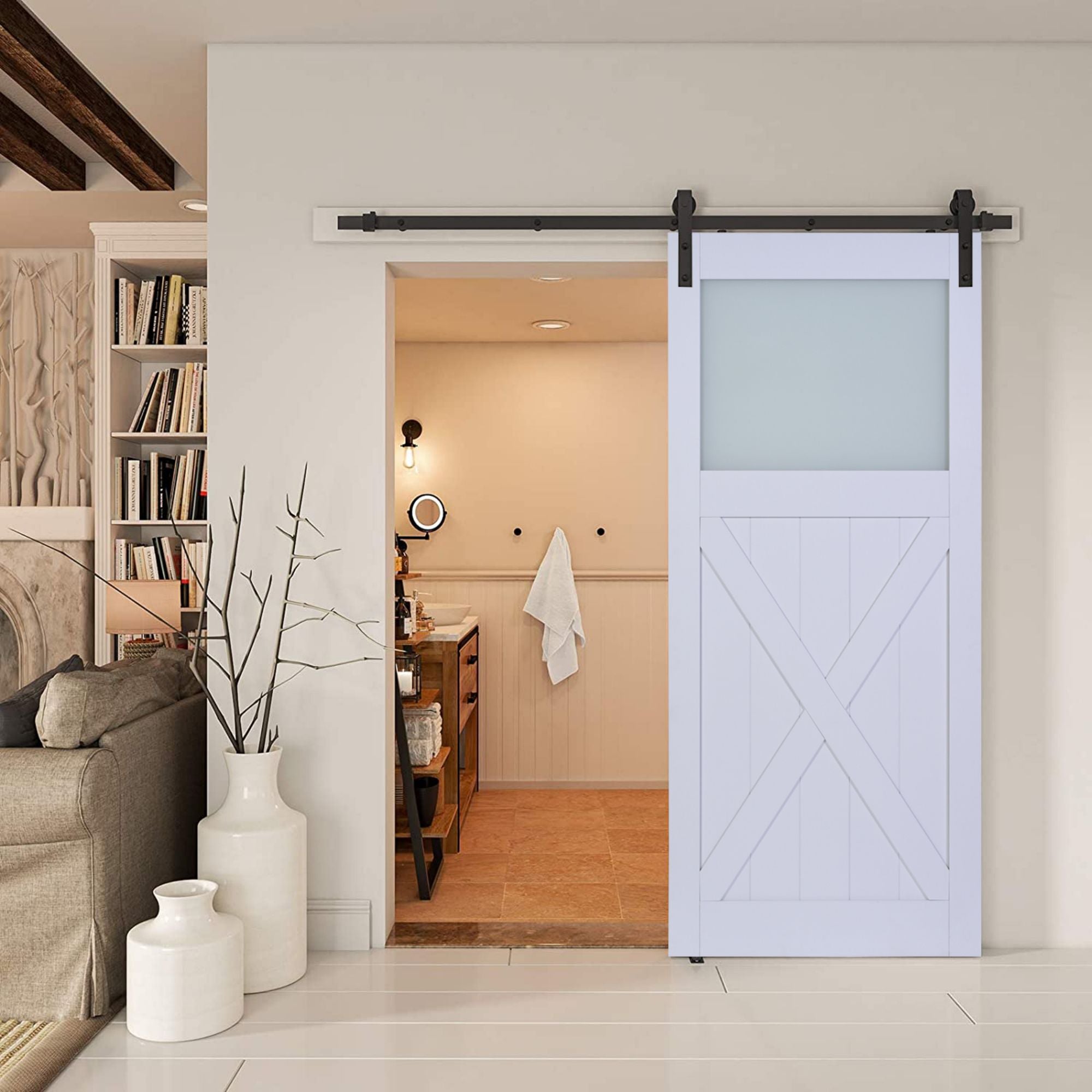 Paneled Manufactured Wood and Glass X Shape Barn Door with Installation Hardware Kit-Boyel Living