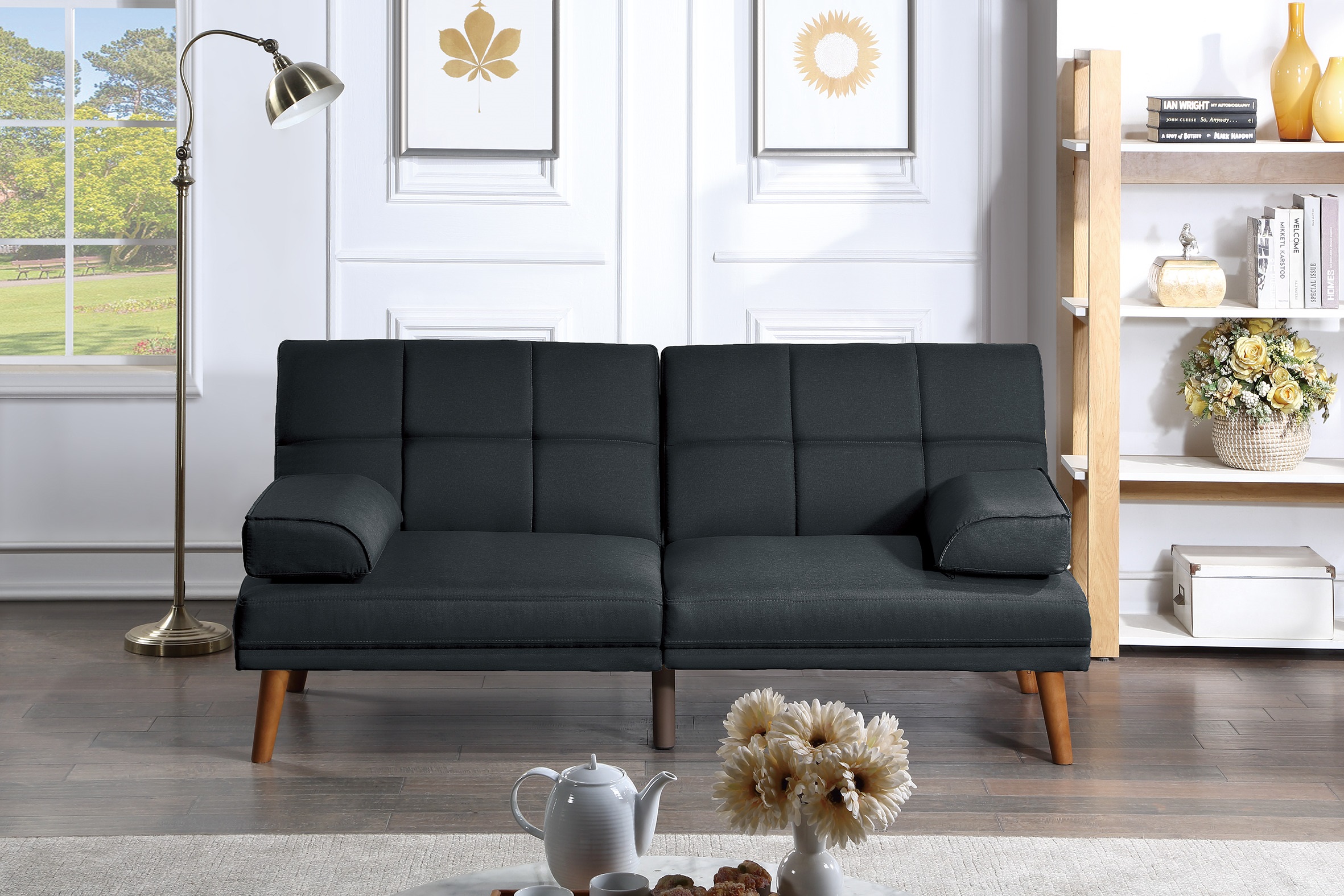 Black Polyfiber Adjustable Tufted Sofa Living Room Solid wood Legs Plush Couch-Boyel Living