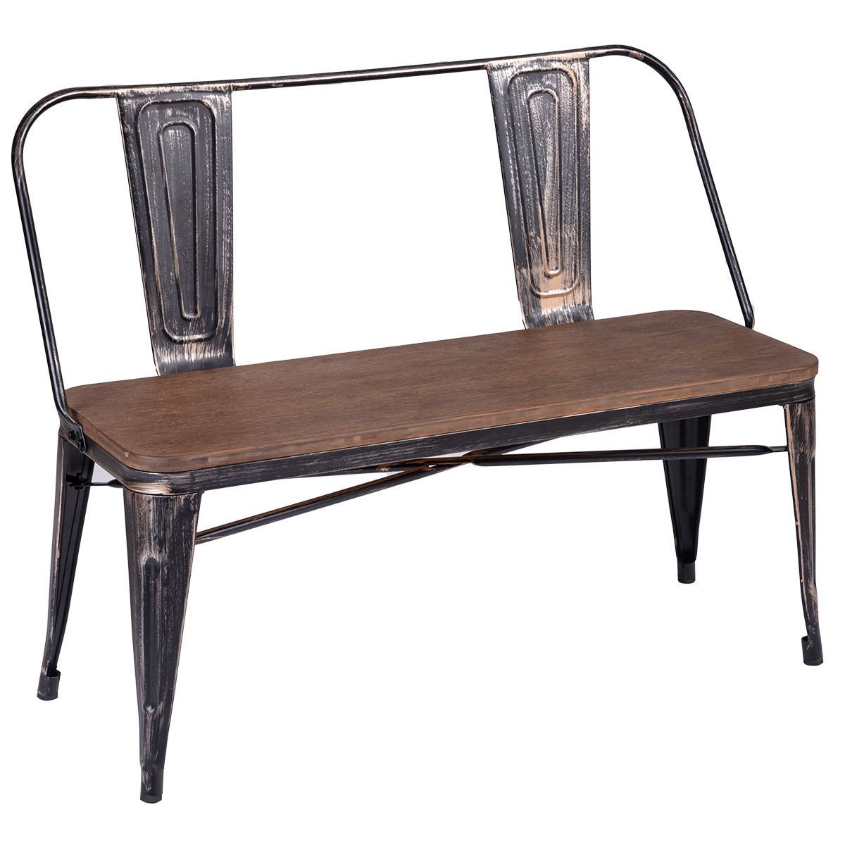 Rustic Vintage Style Distressed Dining Table Bench with Wooden Seat Panel and Metal Backrest & Legs-Boyel Living