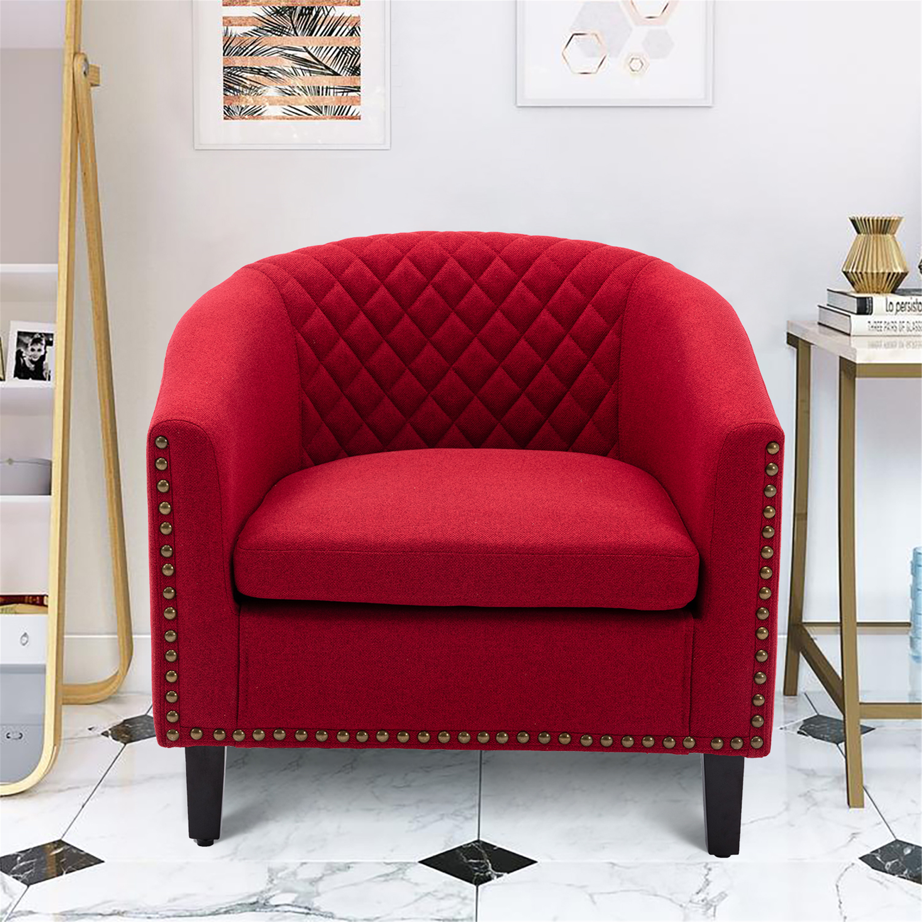 COOLMORE accent Barrel chair living room chair with nailheads and solid wood legs&nbsp; Red  Linen-Boyel Living