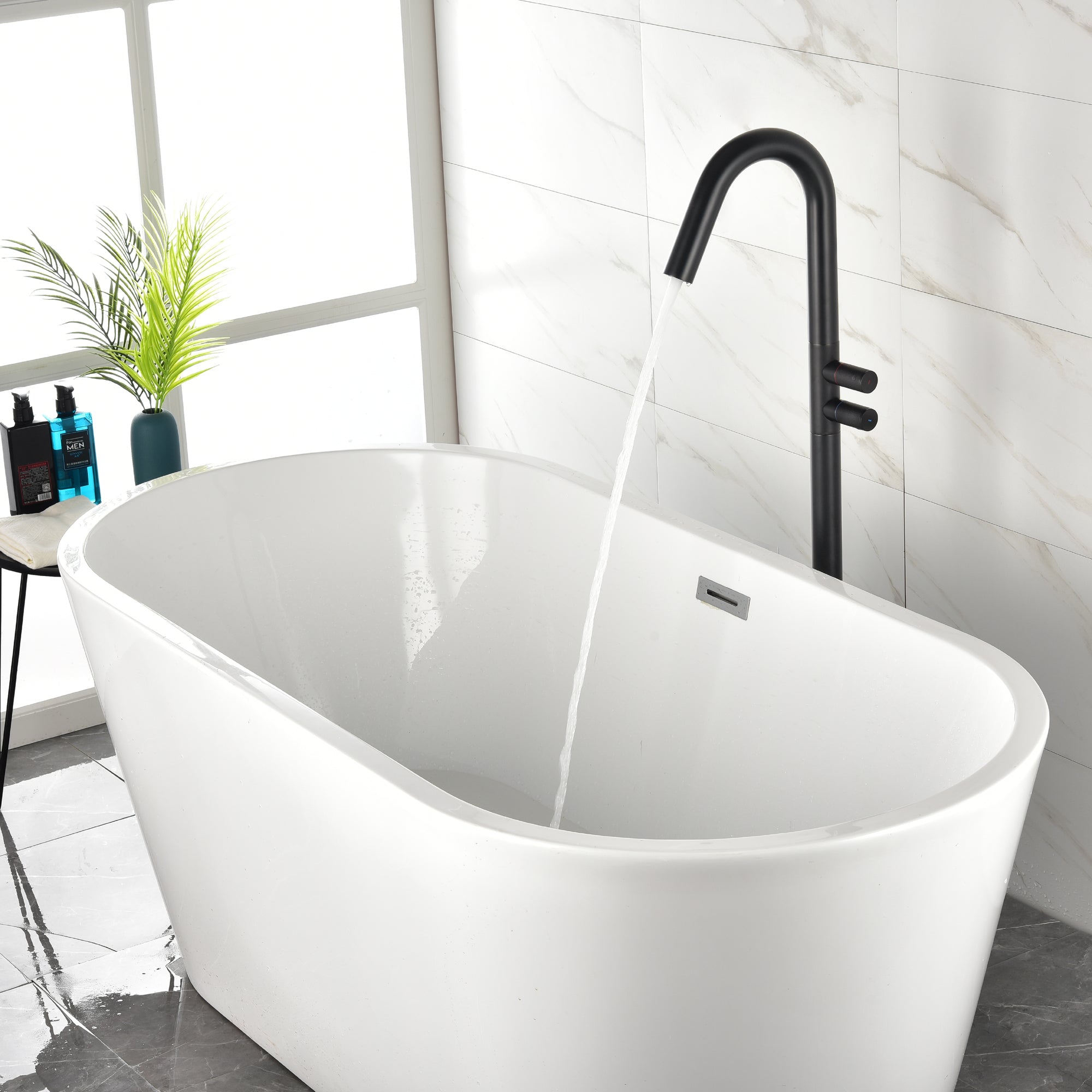 Boyel Living Freestanding Floor Mount 2-Handle Bath Tub Filler Faucet with Water Supply Lines in Matte Black-Boyel Living