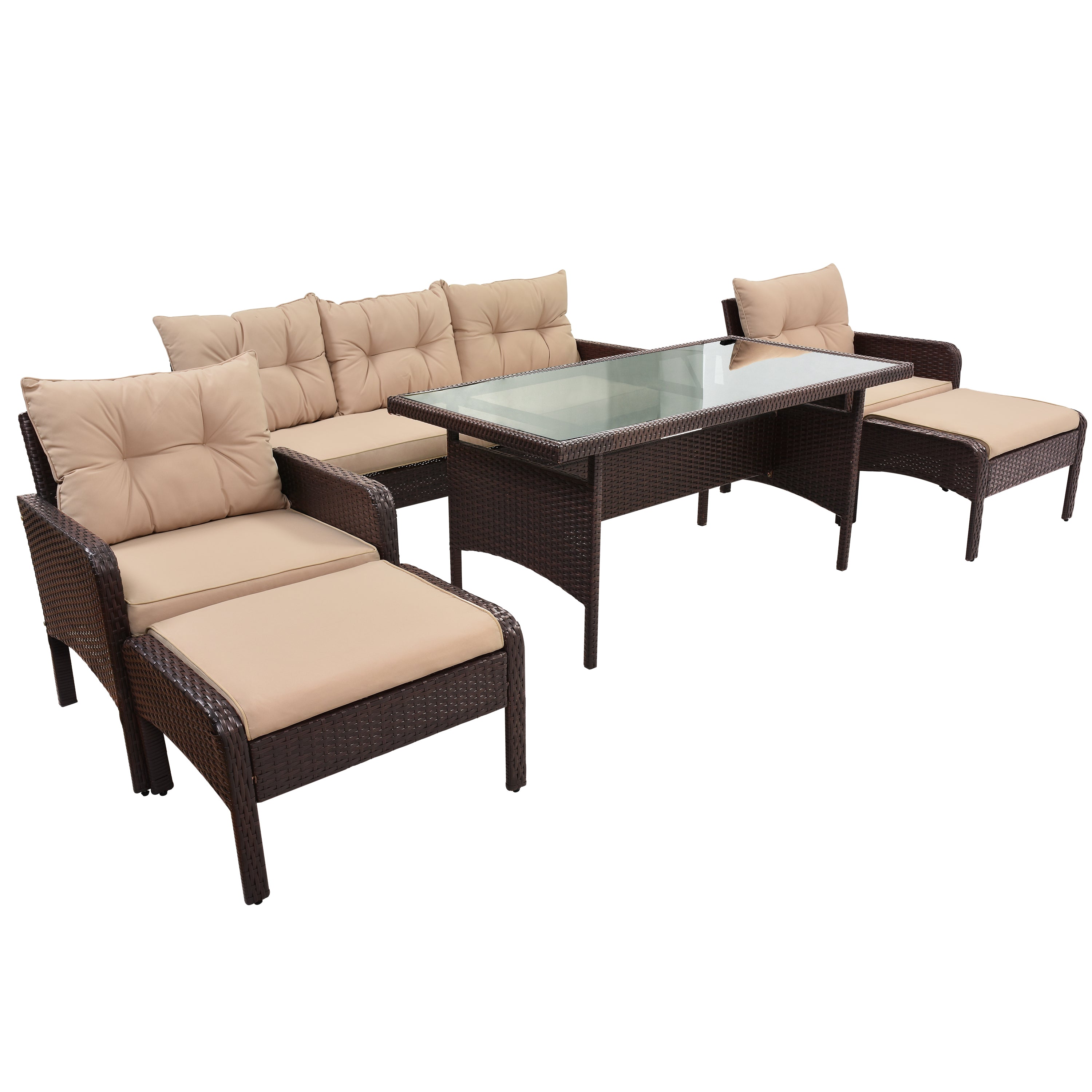 6-Piece Outdoor Patio PE Wicker Rattan Sofa Set with Cushions and Tea Table,Brown Wicker+Light Coffee Cushion-Boyel Living