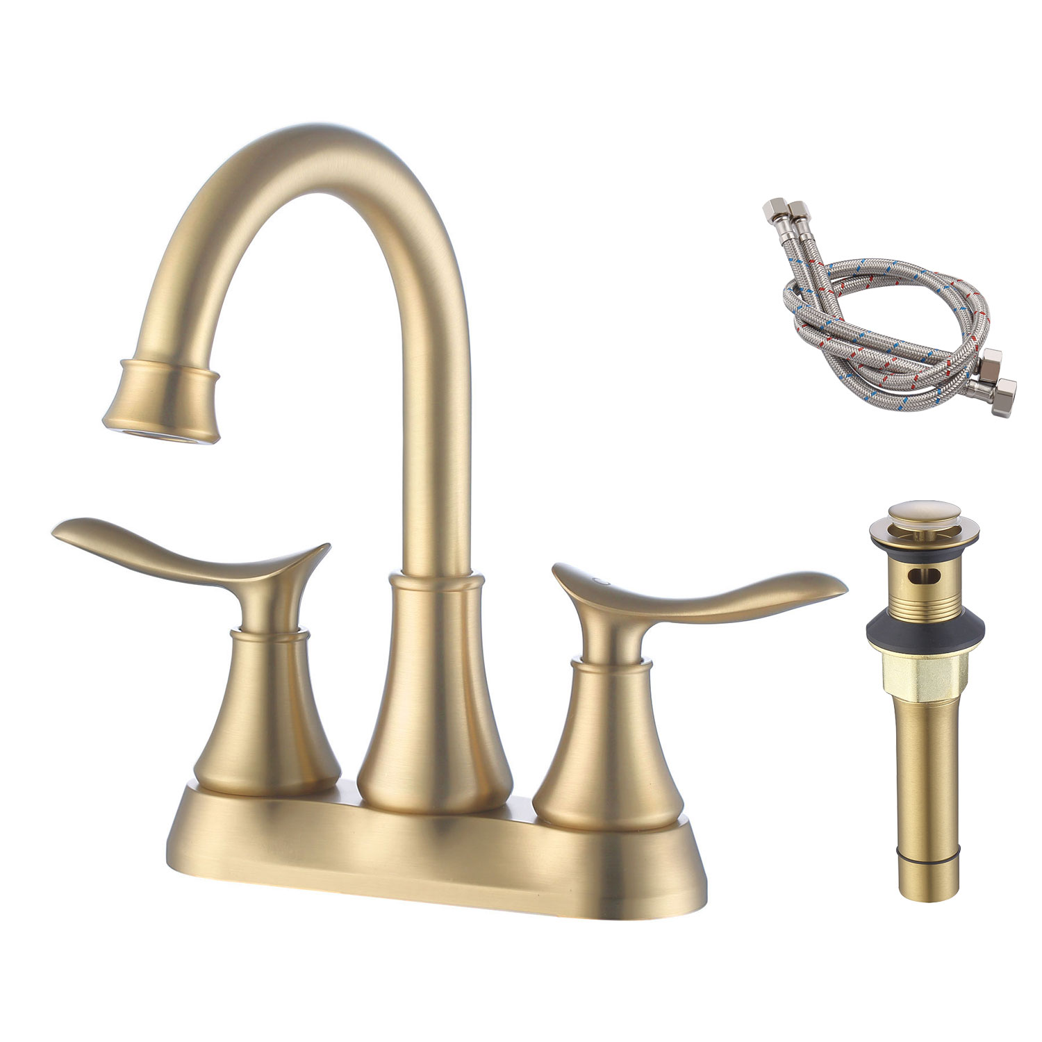 2-Handle 4-Inch Brushed Gold Bathroom Faucet, Bathroom Vanity Sink Faucets with Pop-up Drain and Supply Hoses-Boyel Living
