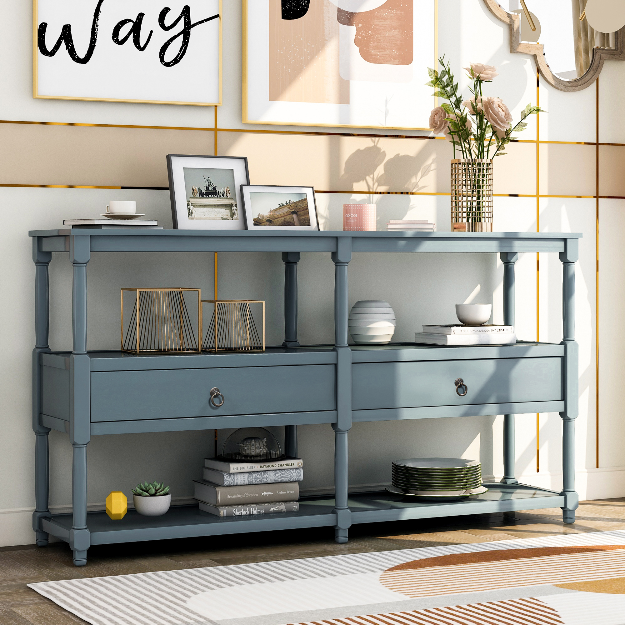 Rustic Console Table Sofa Table with 3-Tier Open Storage Shelf and Two Drawers (Dark Blue)-Boyel Living