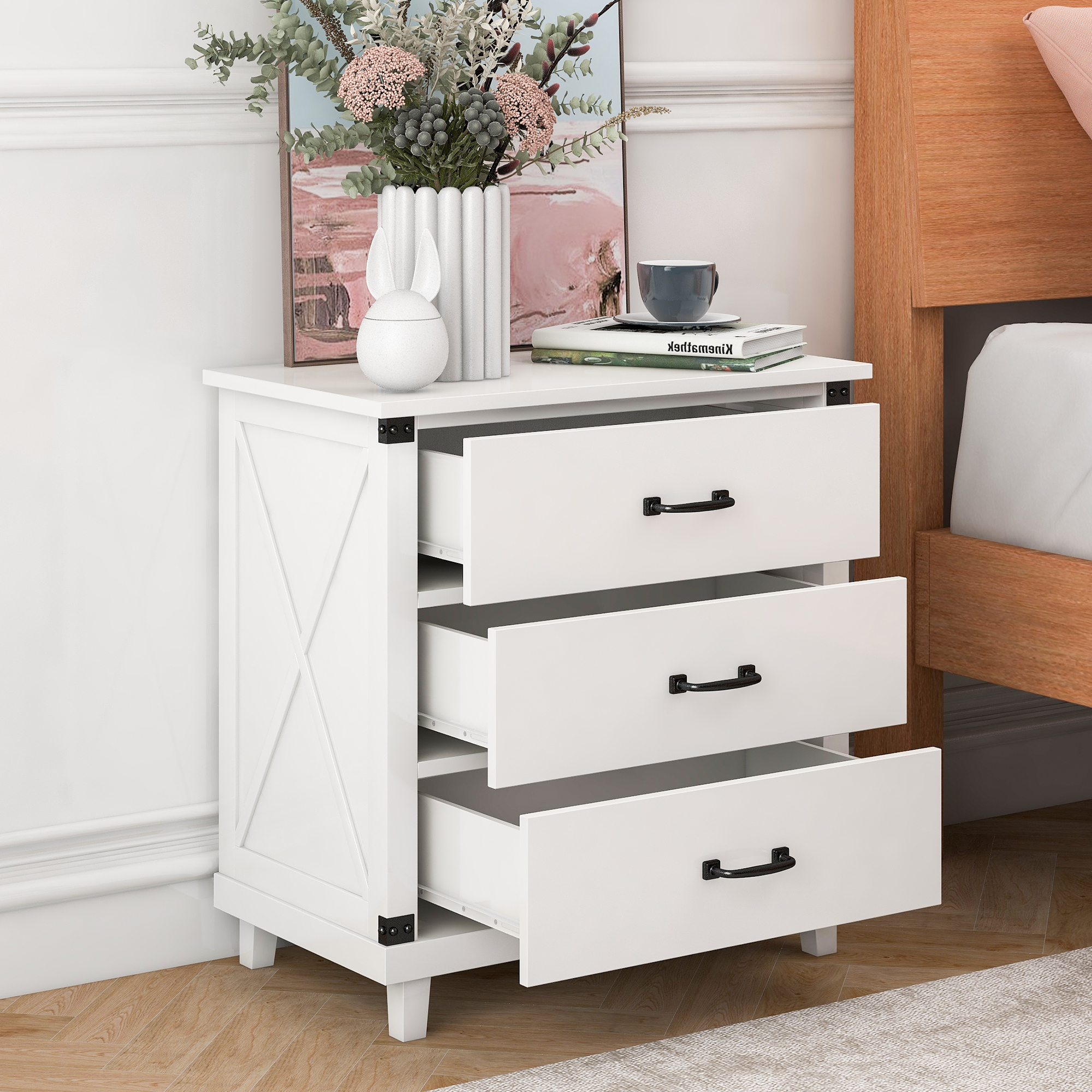 Modern Bedroom Nightstand with 3 Drawers Storage , White-Boyel Living
