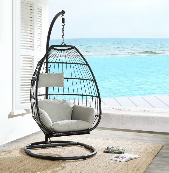 ACME Oldi Patio Hanging Chair with Stand, Beige Fabric  Black Wicker-Boyel Living
