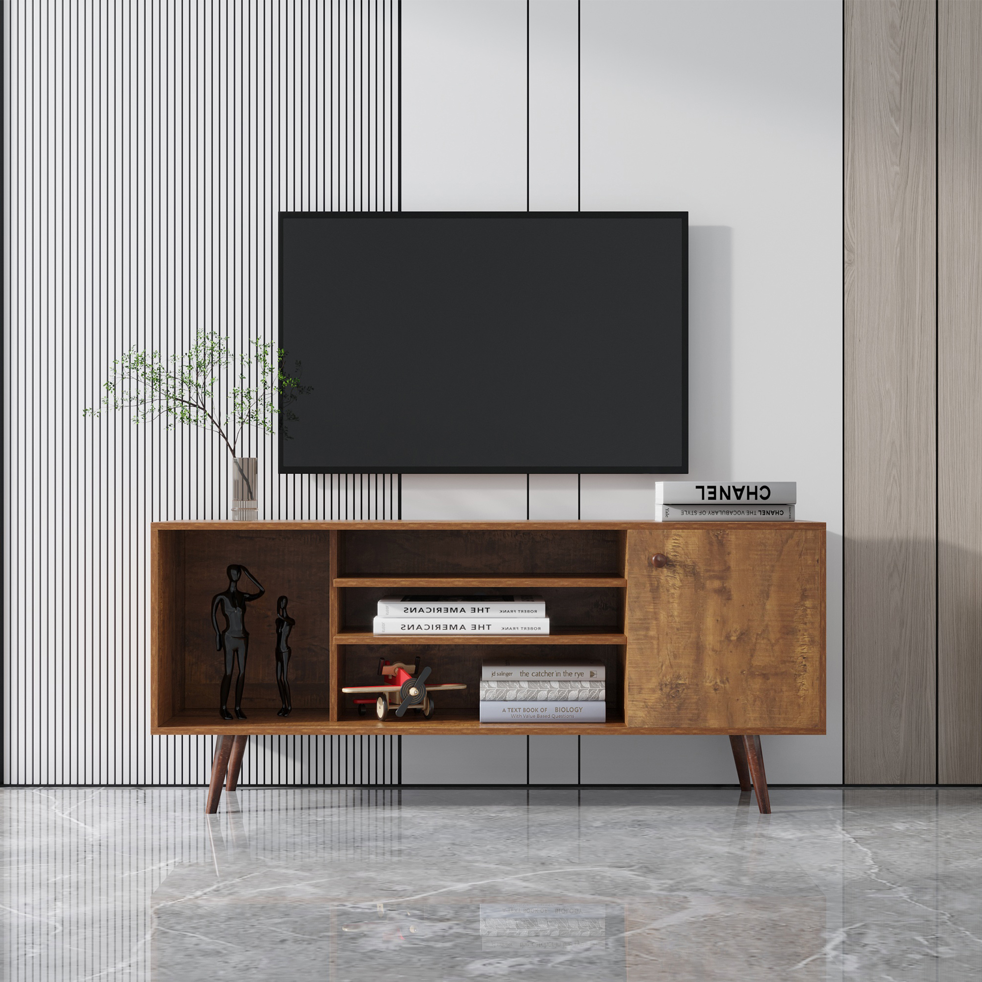 TV Stand Use in Living Room Furniture with 1 storage and 2 shelves Cabinet, high quality particle board,Walnut-Boyel Living