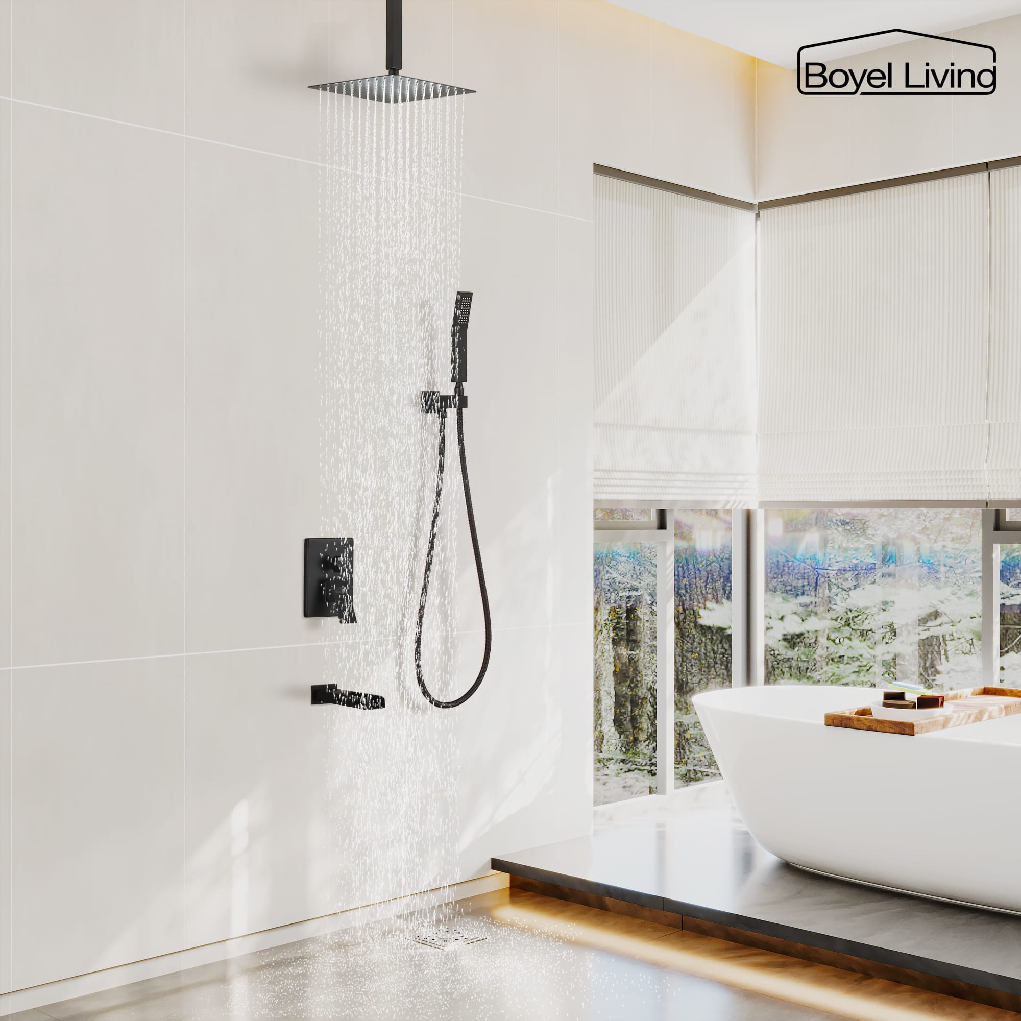 Boyel Living Ceiling Mounted Rain Shower Head Set Shower System with Hand Shower and Tub Spout-Boyel Living