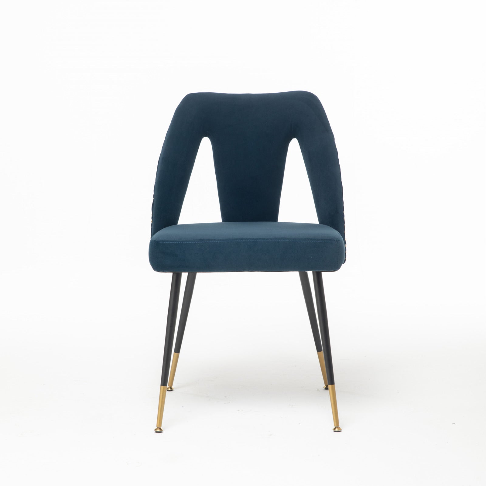 Contemporary Velvet Upholstered Dining Chair with Nail-heads and Gold Tipped Black Metal Legs(Blue/ Beige)-Boyel Living