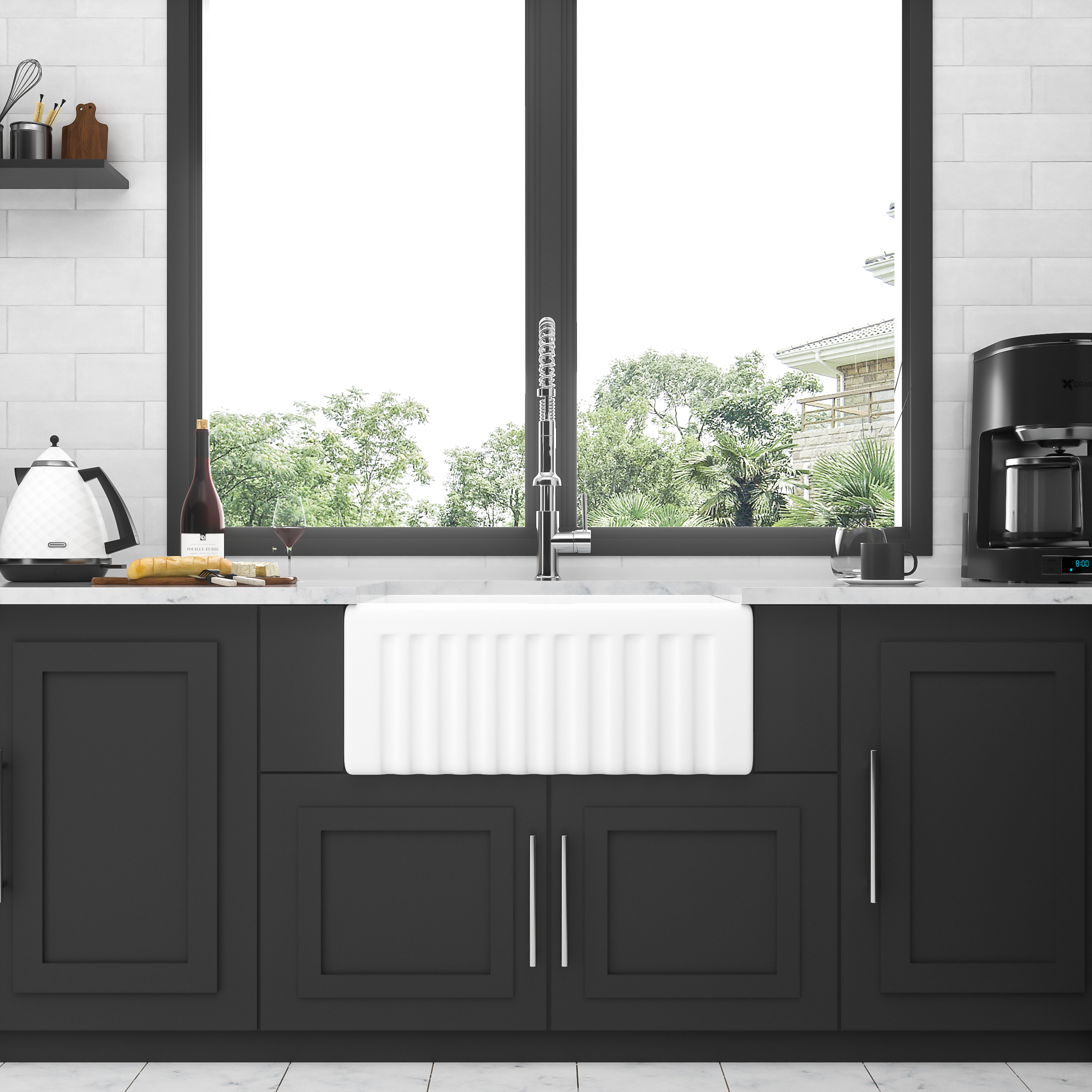 Boyel Living Farmhouse Kitchen Sink 24 inch Single Bowl Rectangular Vessel Sink White Ceramic Sink with Bottom Grid and Strainer