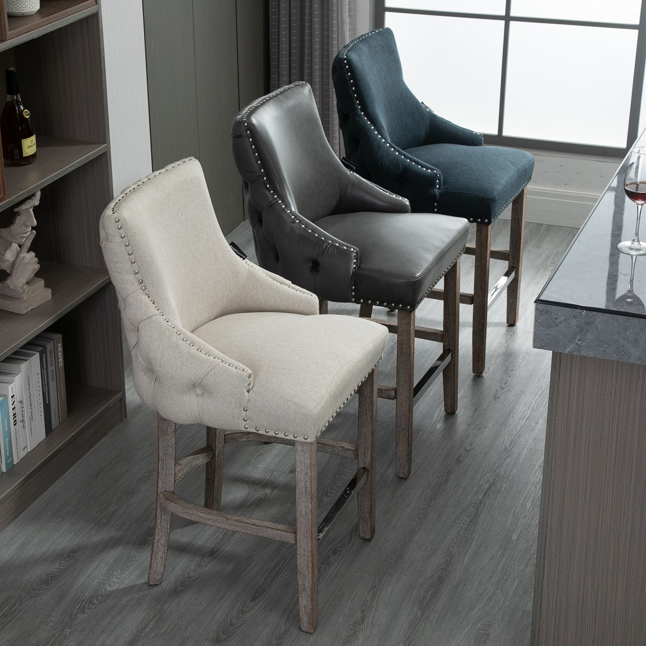 40 in. Gray Velvet+PU Fabric Nailhead Tufted Bar Stool with 4 Solid Wood Legs, Set of 2-Boyel Living