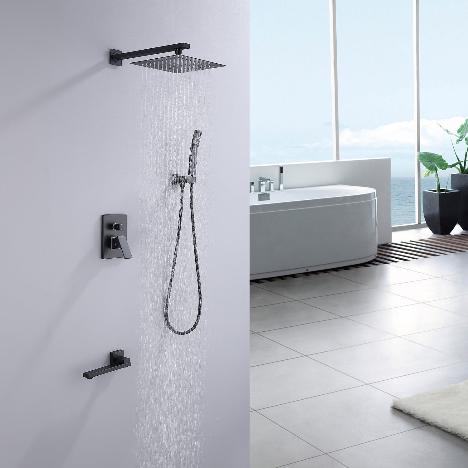 10 in. Complete Dual Shower Head System with Tub Spout and Rough-in Valve in Matte Black-Boyel Living