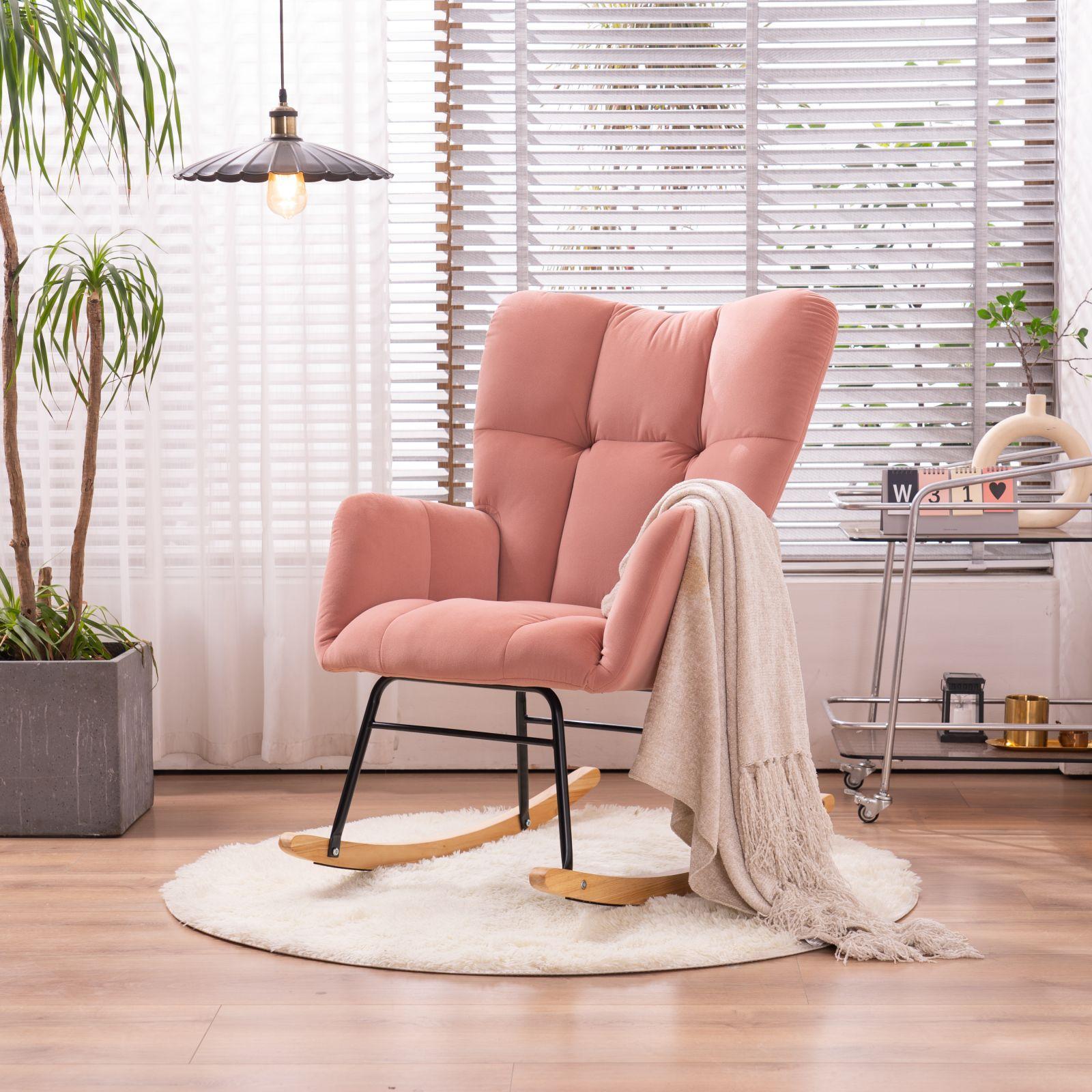 Mid Century Modern Velvet Tufted Upholstered Rocking Chair Padded Seat for Living Room Bedroom, PINK-Boyel Living