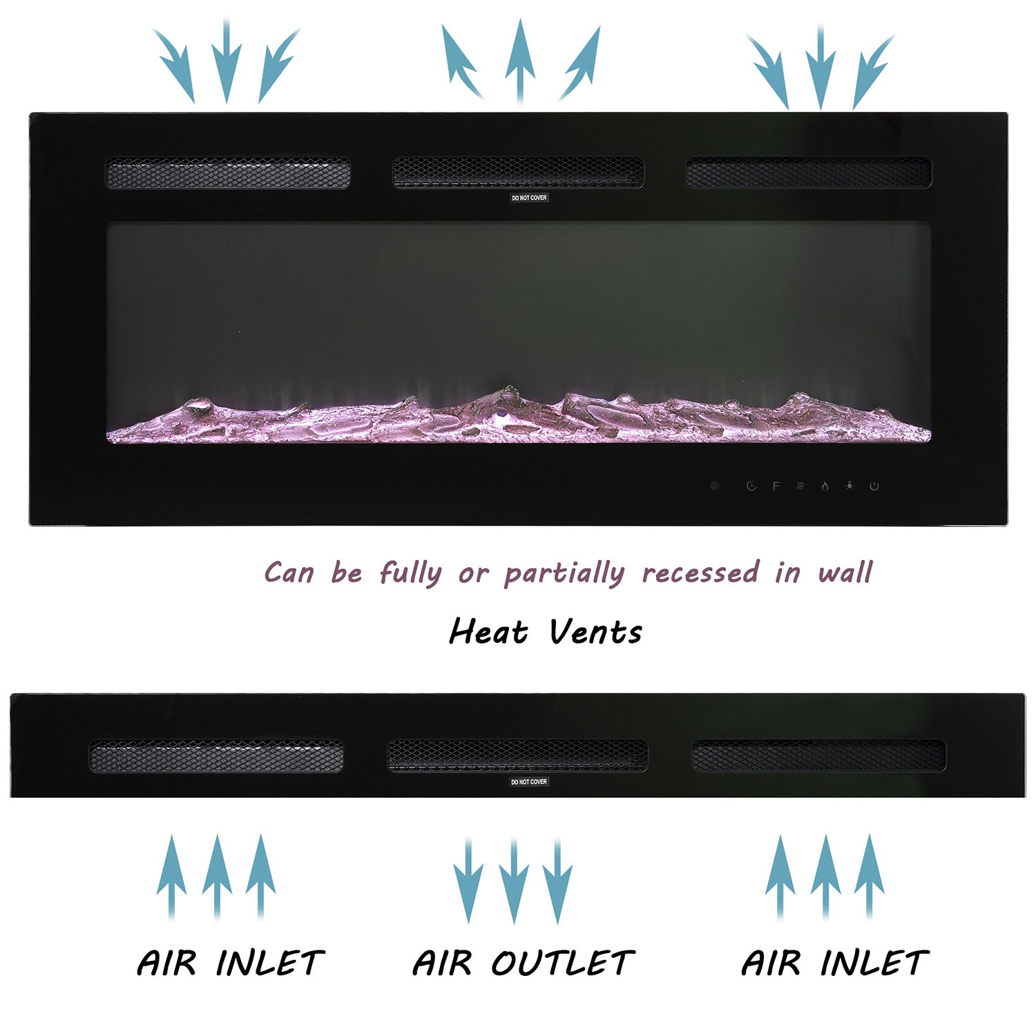 Boyel Living Electric Wall Mounted Recessed Fireplace with Remote 1500/750 Watt in Black, 30/36/40/50/60 in.-Boyel Living