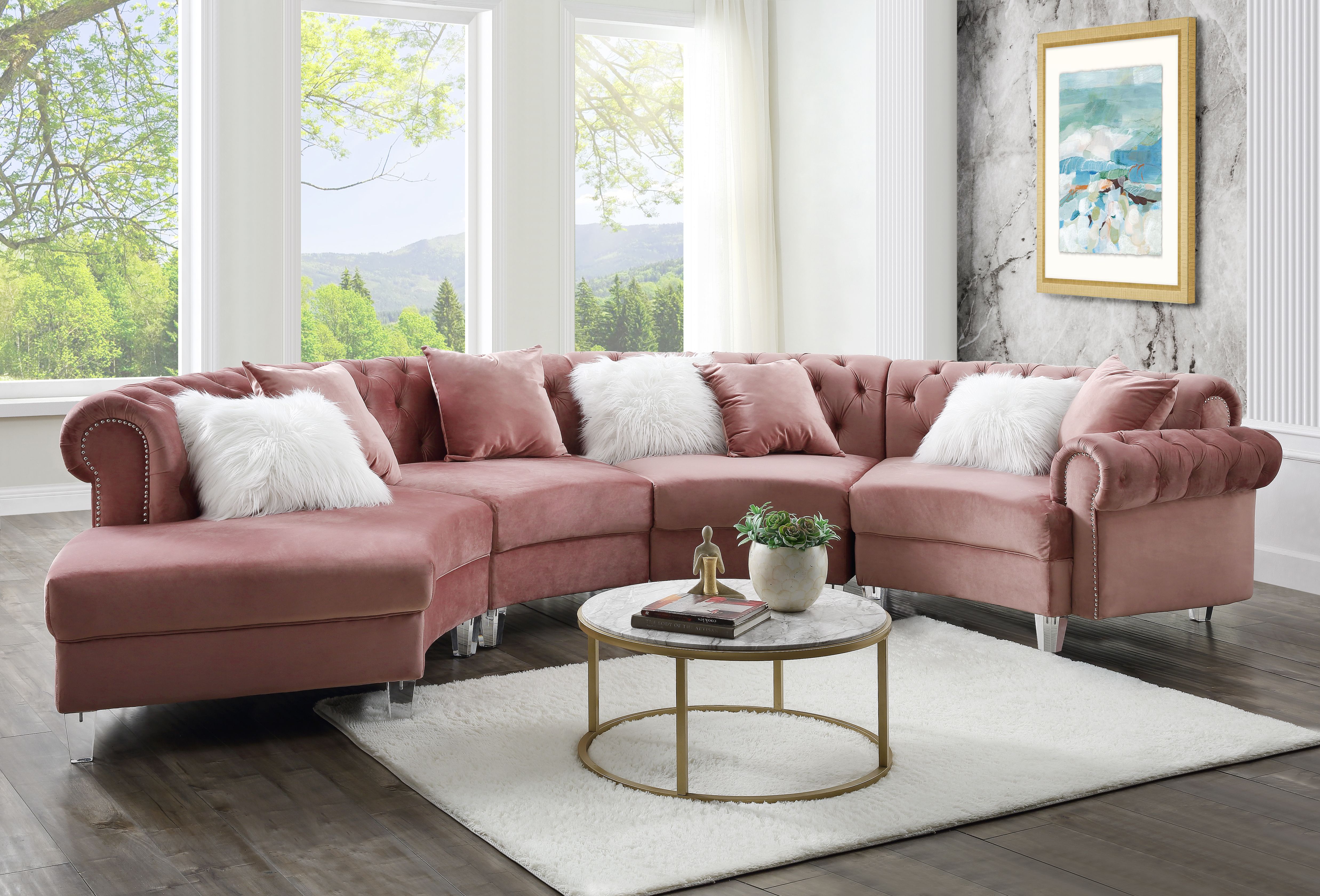 ACME Ninagold Sectional Sofa w/7 Pillows, Pink Velvet-Boyel Living