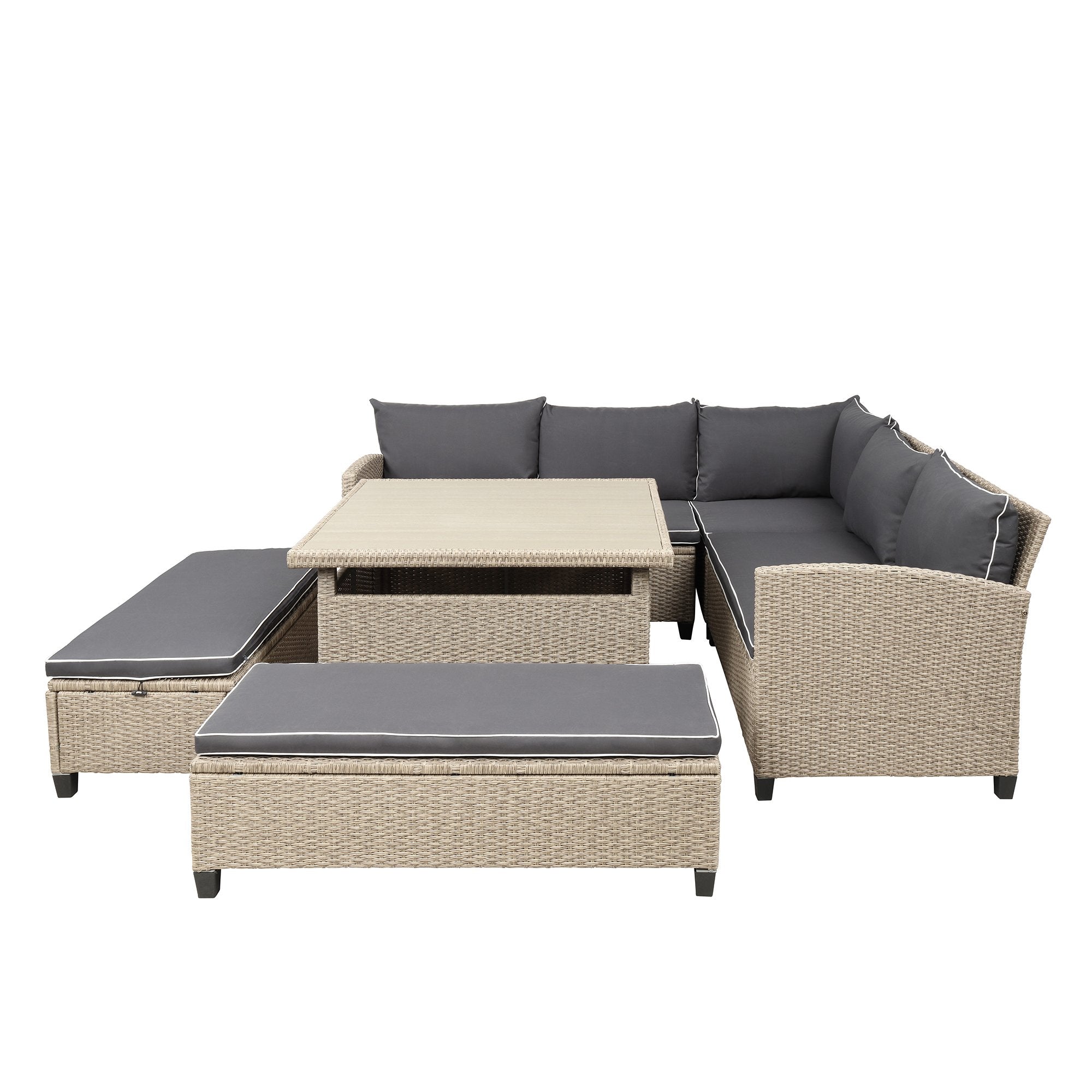 6-Piece Patio Furniture Set Outdoor Wicker Rattan Sectional Sofa with Table and Benches for Backyard, Garden, Poolside-Boyel Living