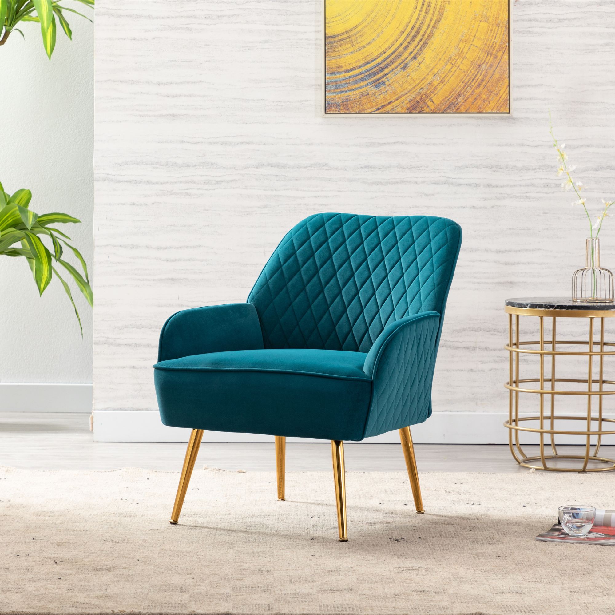 Modern Soft Velvet Material Dark Green Ergonomics Accent Chair Living Room Chair Bedroom Chair Home Chair With Gold Legs And Adjustable Legs For Indoor Home Teal-Boyel Living