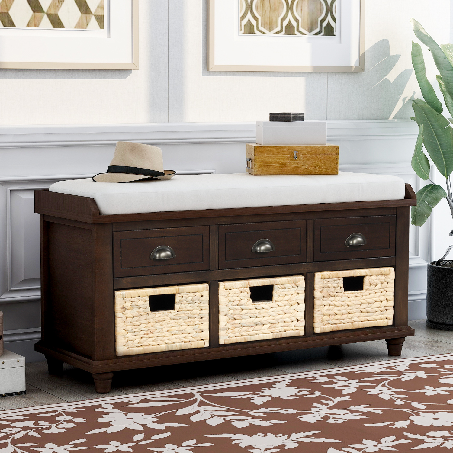 Rustic Storage Bench with 3 Drawers and 3 Rattan Baskets,Shoe Bench for Living Room,Entryway (Espresso)-Boyel Living