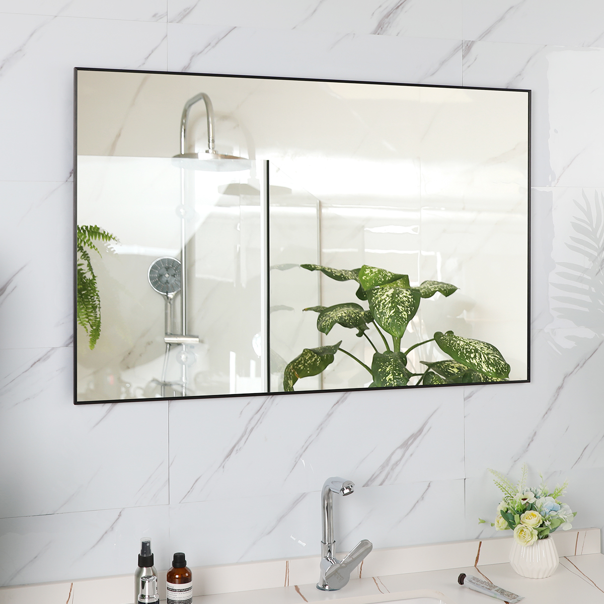 36x26 inches Modern Black Bathroom Mirror with Aluminum Frame Vertical or Horizontal Hanging Decorative Wall Mirrors for Living Room Bedroom-Boyel Living