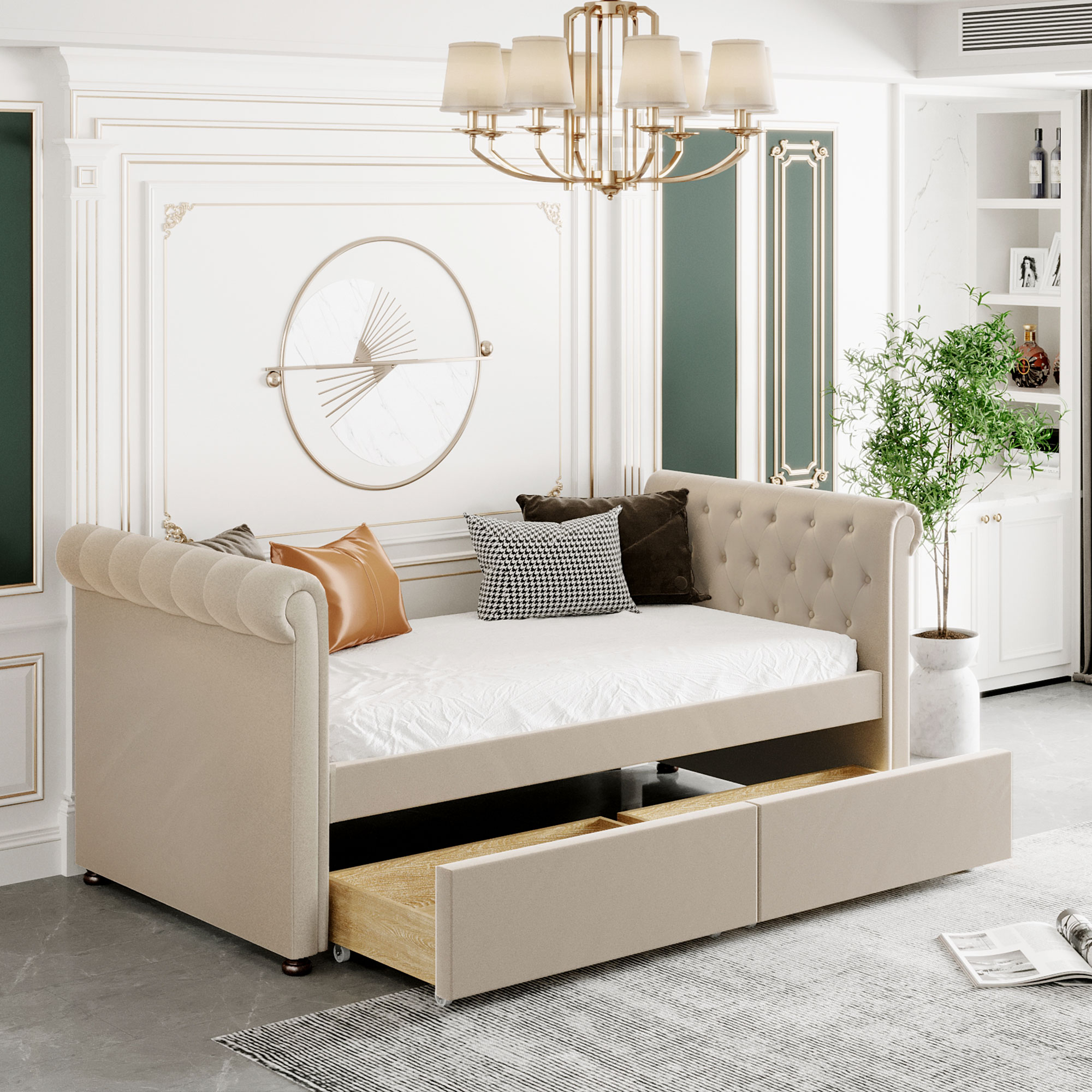 Twin Size Upholstered daybed with Drawers, Wood Slat Support, Beige-Boyel Living