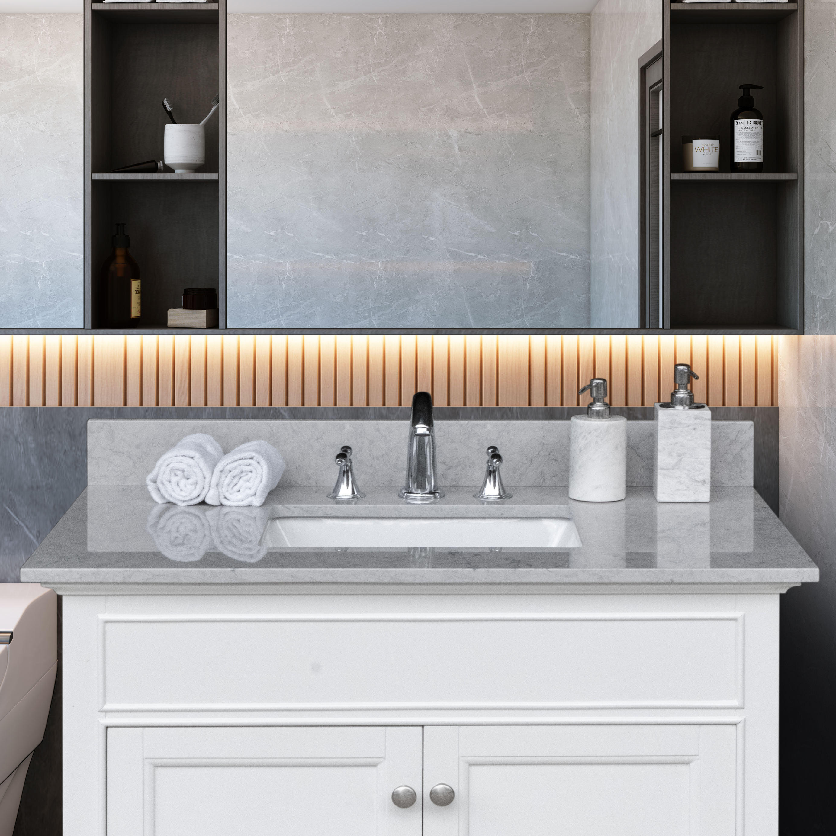 Montary 31 inches bathroom stone vanity top calacatta gray engineered marble color with undermount ceramic sink and 3 faucet hole with backsplash-Boyel Living