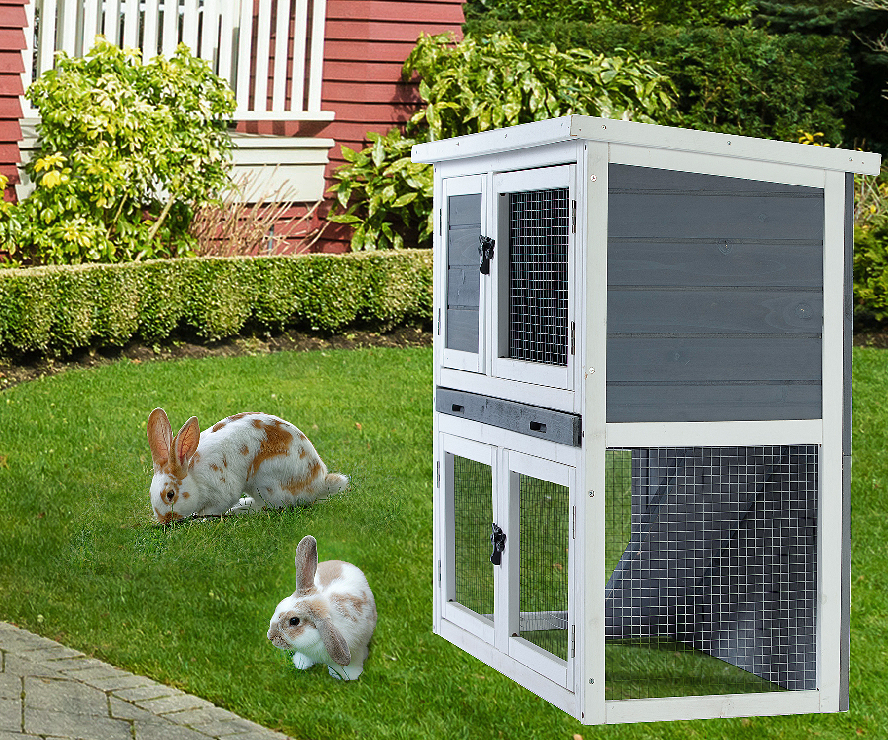Two-layer solid wooden with easy clear tray for bunny rabbitsWooden Pet House Rabbit Bunny Wood Hutch House Dog House Chicken Coops Chicken Cages Rabbit Cage-Boyel Living