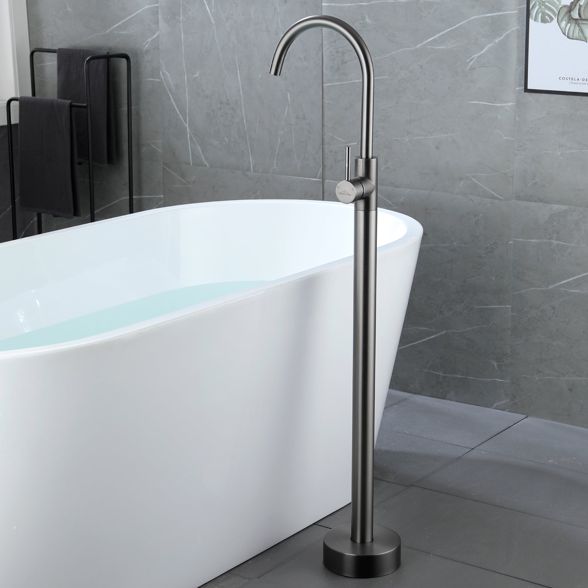 Boyel Living Freestanding Floor Mount Single Handle Bath Tub Filler Faucet with Water Supply Lines in Gunmetal Gray-Boyel Living
