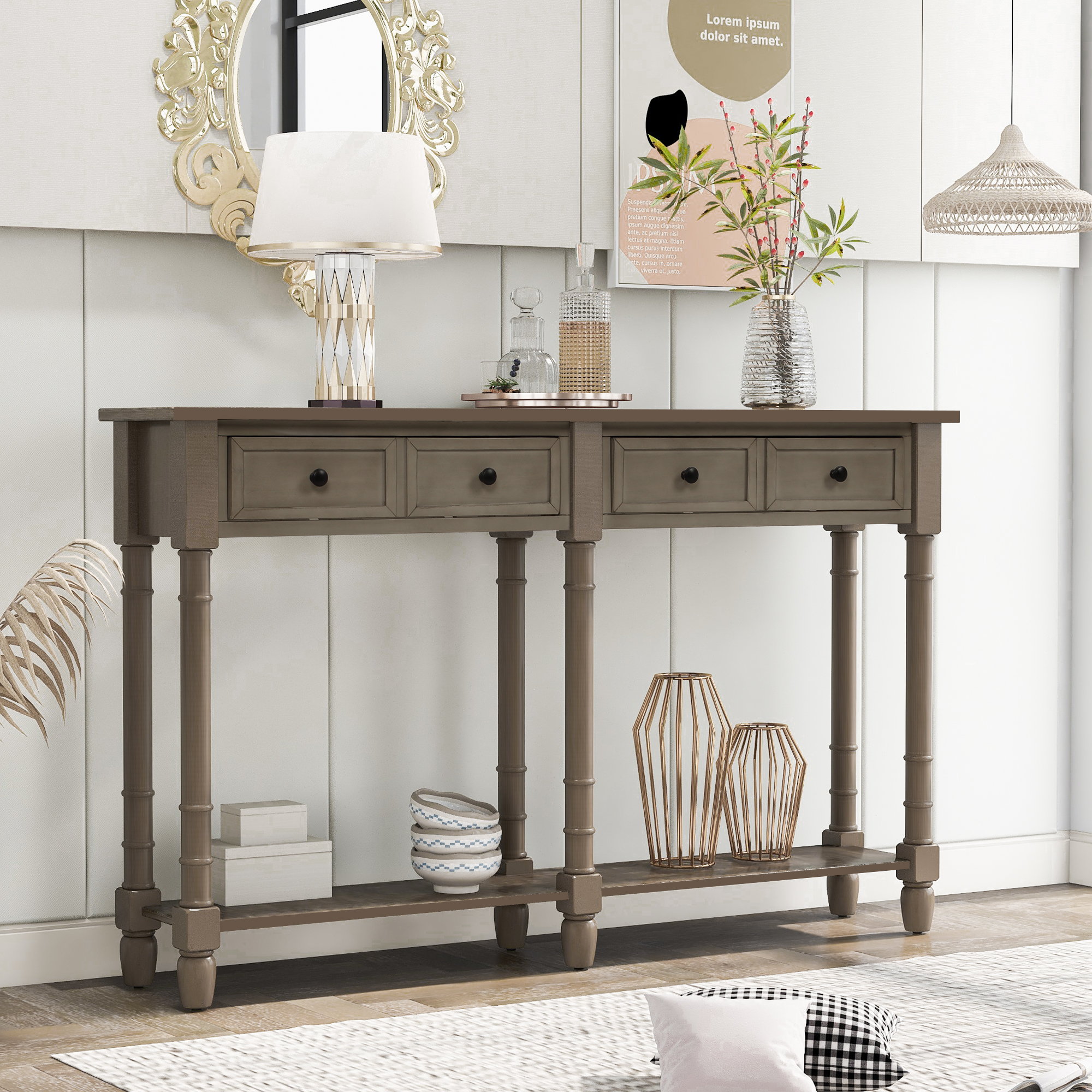 Console Table Sofa Table Easy Assembly with Two Storage Drawers and Bottom Shelf for Living Room, Entryway (Grey Wash)-Boyel Living