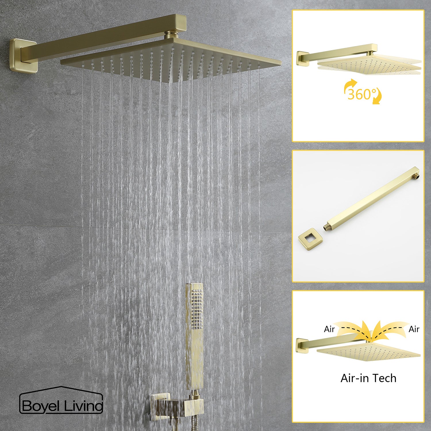Boyel Living Wall Mounted 10 in. Rainfall Thick Shower Head System with Rough-In Valve Body and Trim in Brushed Gold-Boyel Living