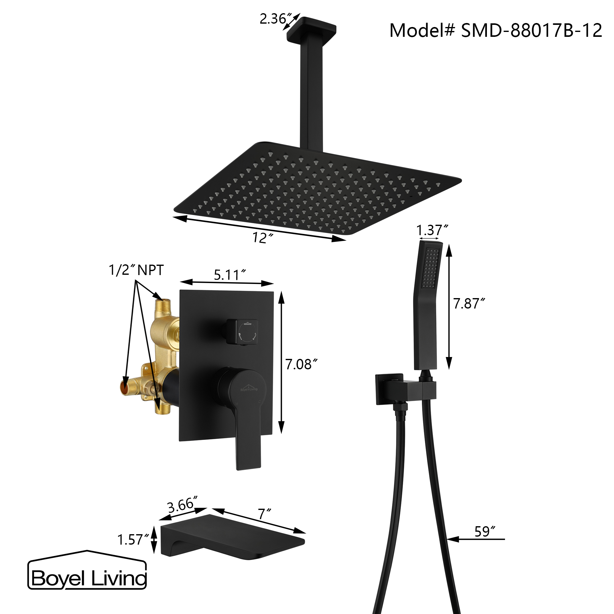 Ceiling Mount Single-Handle 1-Spray Tub and Shower Faucet with 12 in. Fixed Shower Head in Matte Black (Valve Included)
