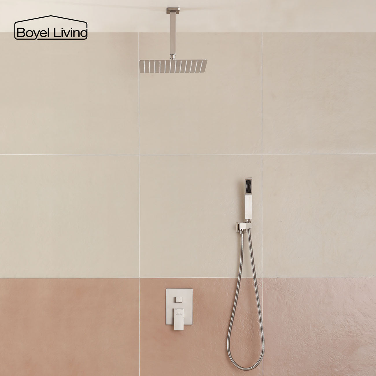  Shower System with 12 in. Ceiling Mounted Square Rainfall Shower head and Handheld Shower Head, Brushed Nickel-Boyel Living