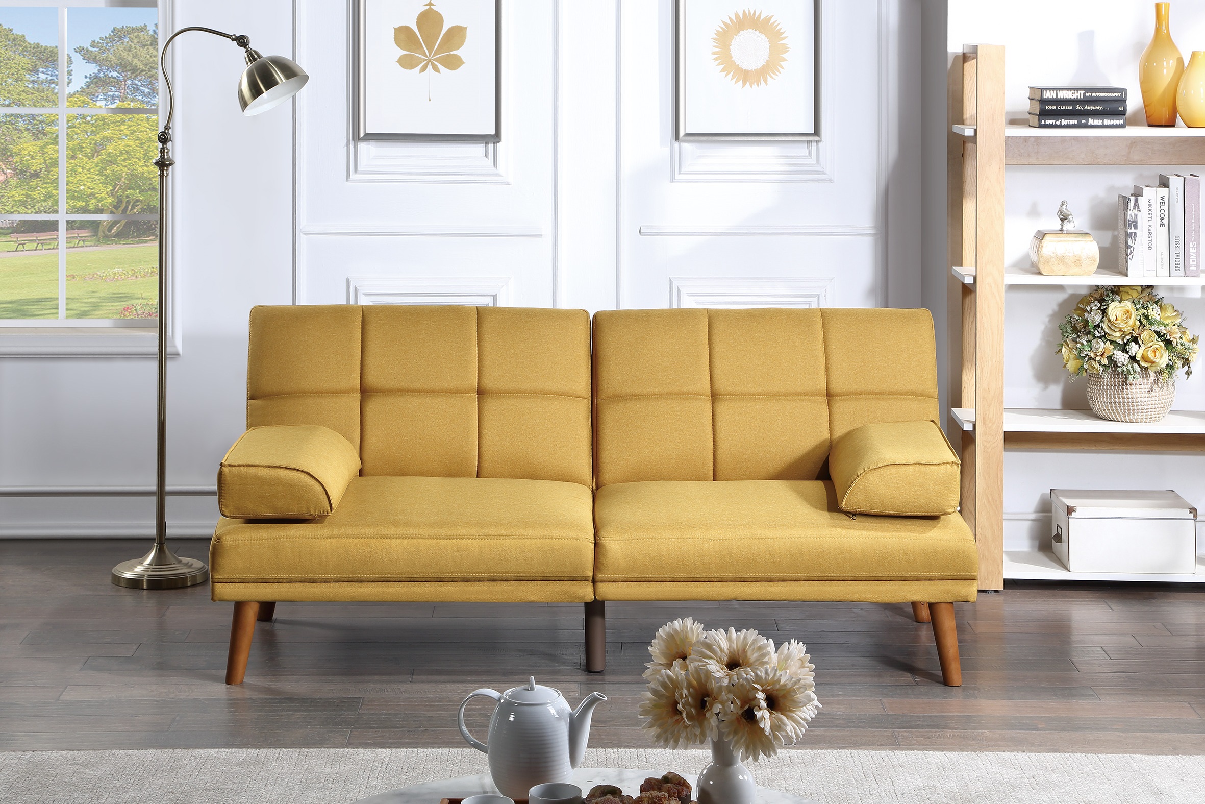 Mustard Polyfiber Adjustable Tufted Sofa Living Room Solid wood Legs Comfort Couch-Boyel Living