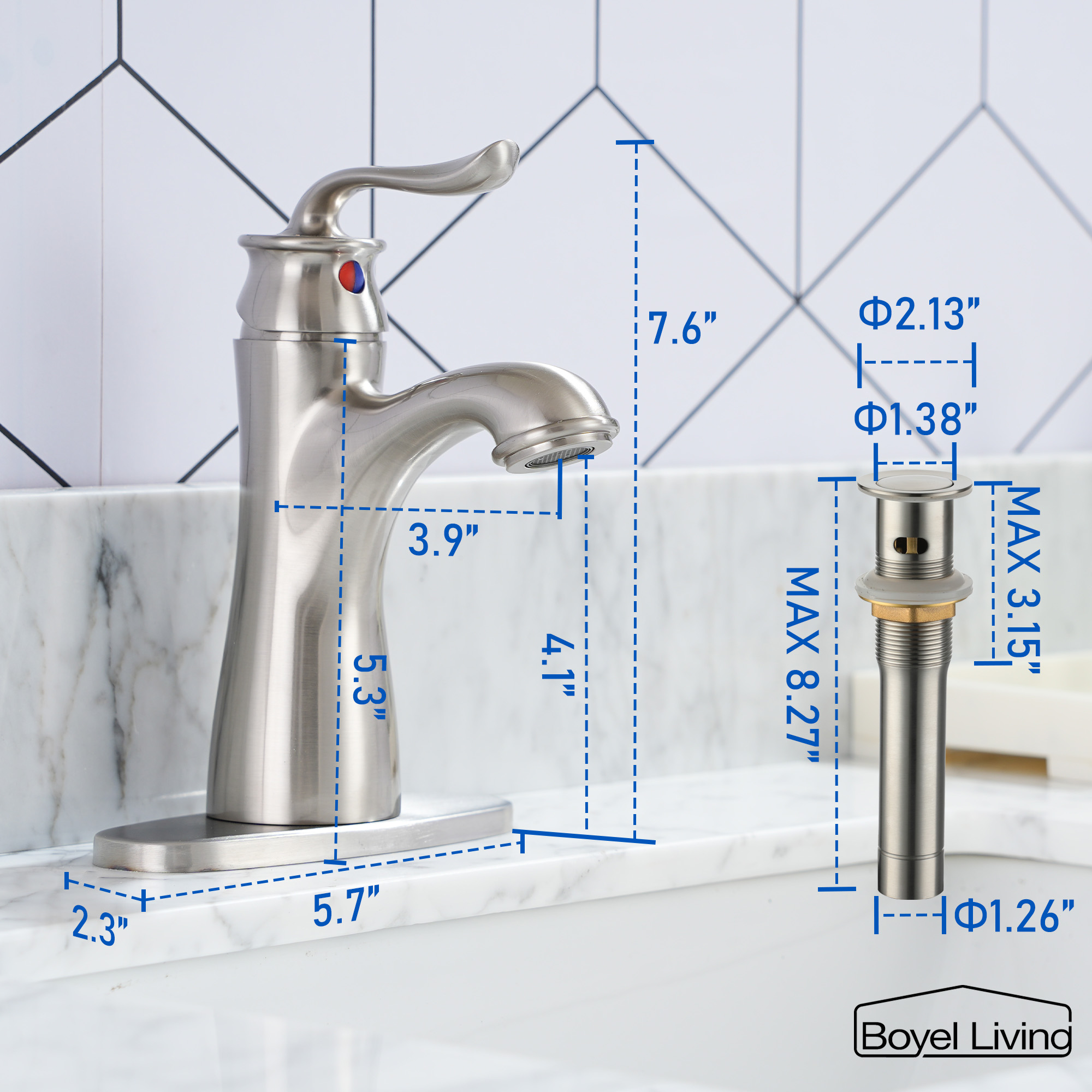 1.2 GPM Single Handle Single Hole Bathroom Faucet with Water Supply Hose and Built-in Aerator in Brushed Nickel