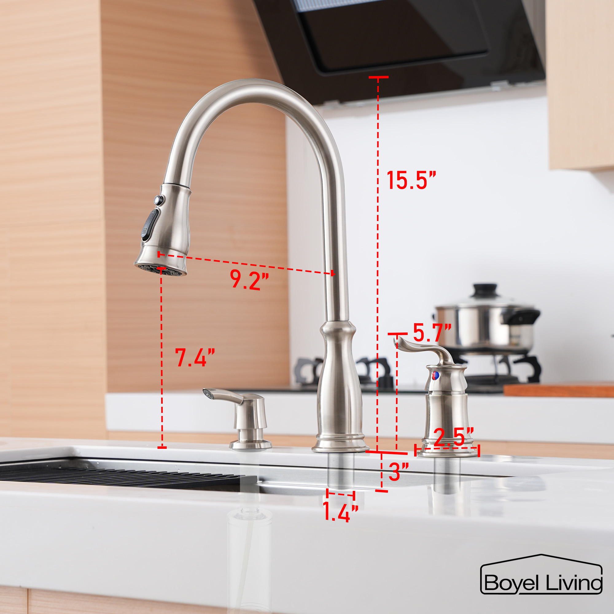 3-Spray Patterns 1.8 GPM Single Handle No Sensor Pull Down Sprayer Kitchen Faucet with Soap Dispenser in Brushed Nickel