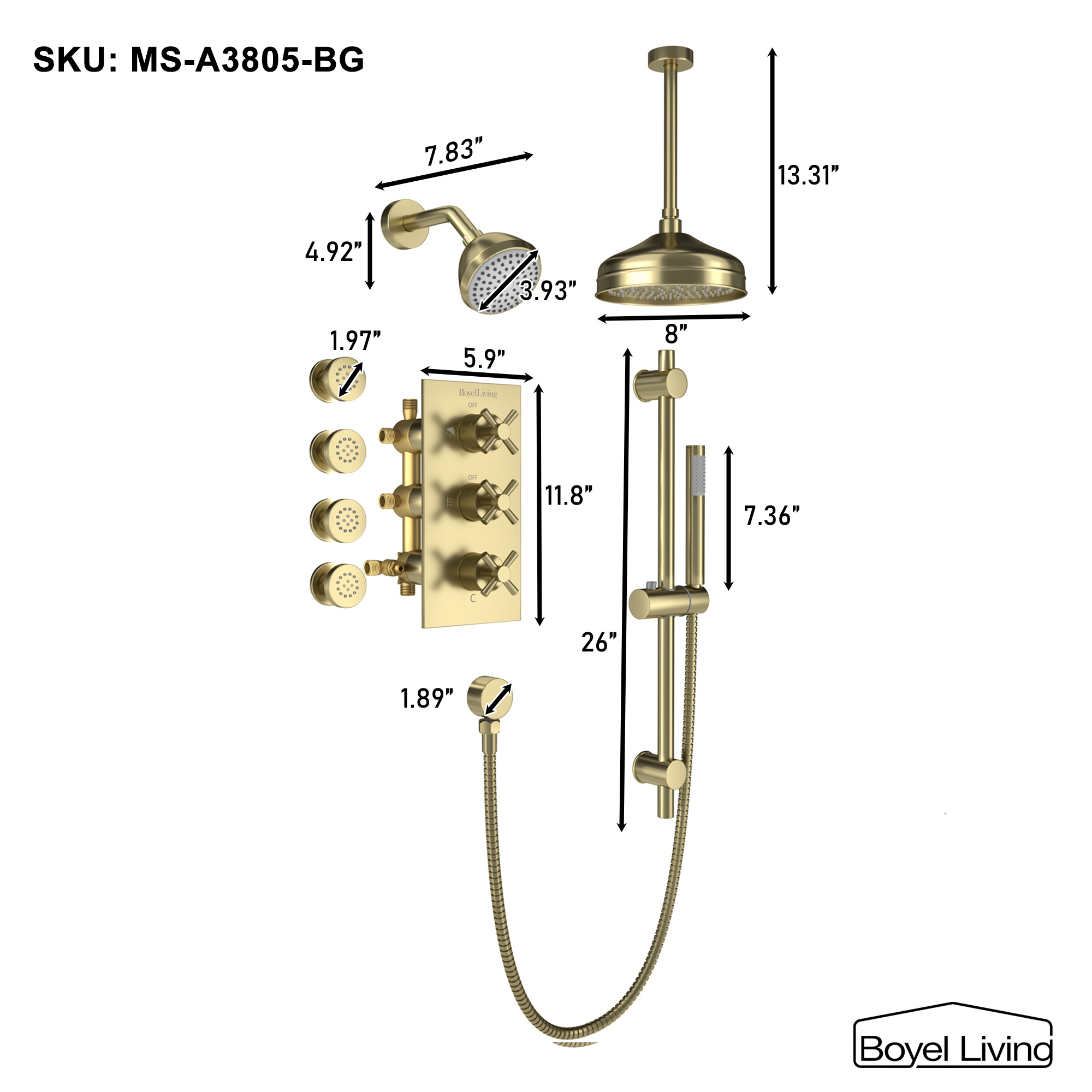 Boyel Living Wall Mount and Ceiling Mount Shower System with Handheld and Body Sprayer Dimensions