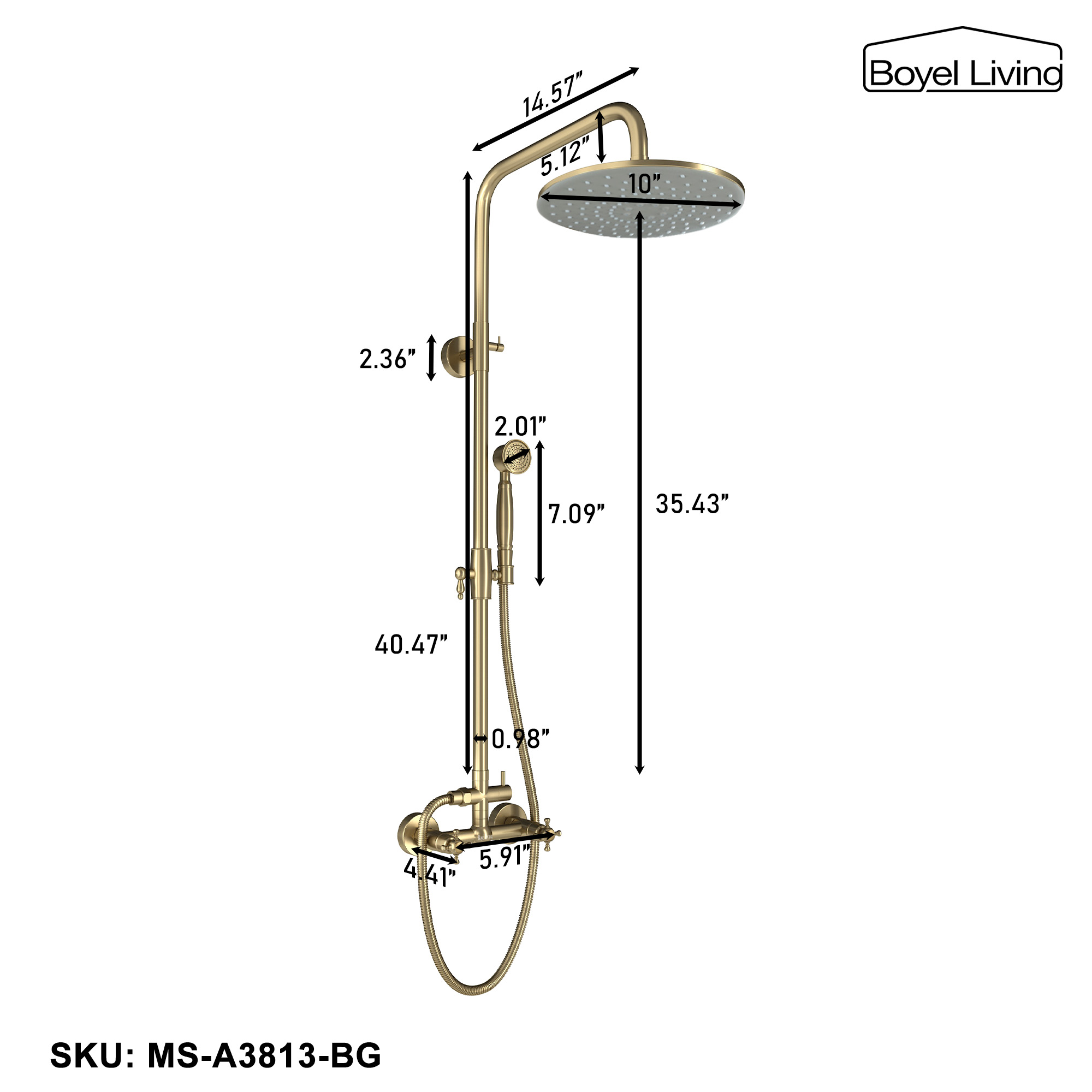 Boyel Living Wall Mount Exposed Pipe Complete Shower System Size Details