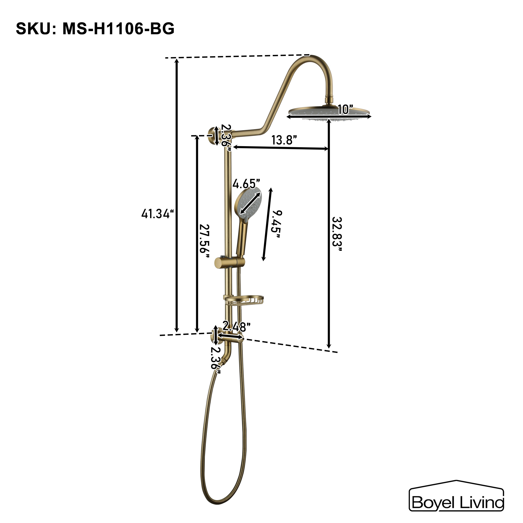 Boyel Living Brushed Gold Wall Mount Shower Head System Size Details
