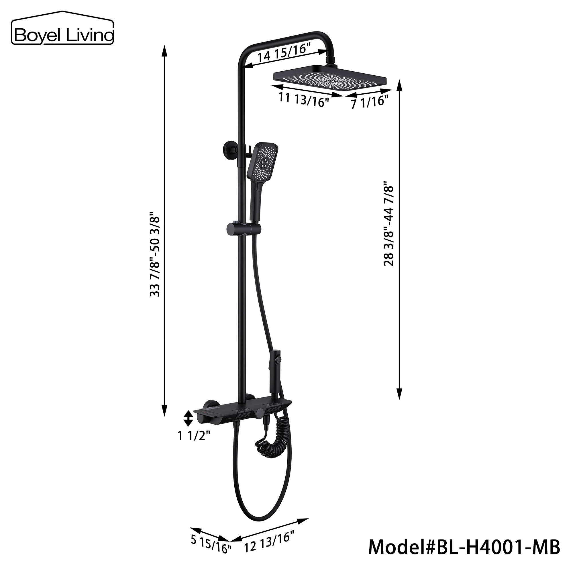 Boyel Living 3-Spray 12 in. Wall Mount Shower System in Matte Black