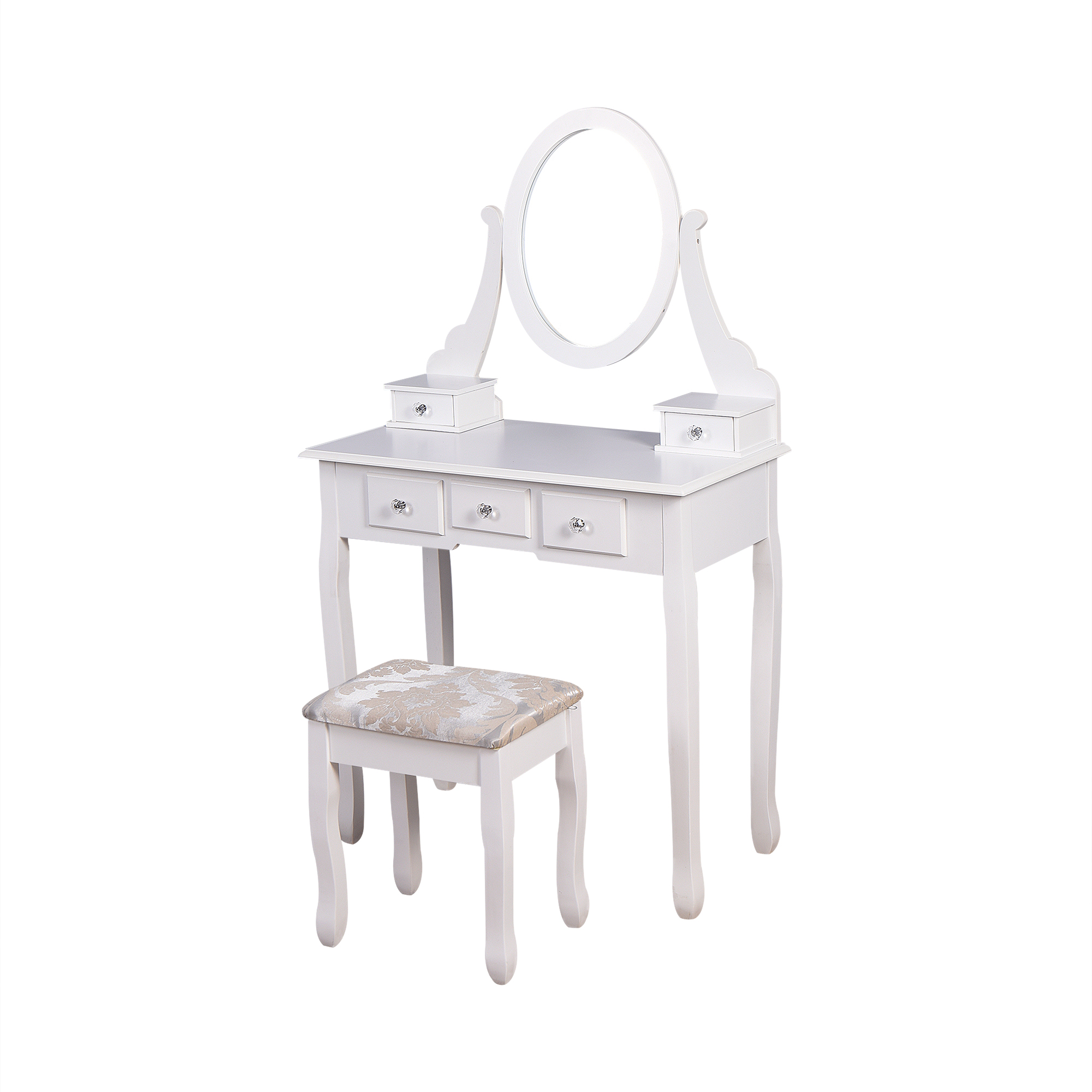Bedroom Makeup Vanity Set, Wooden Dressing Table with 360&deg; Rotating Mirror and Cushioned Stool, White-Boyel Living