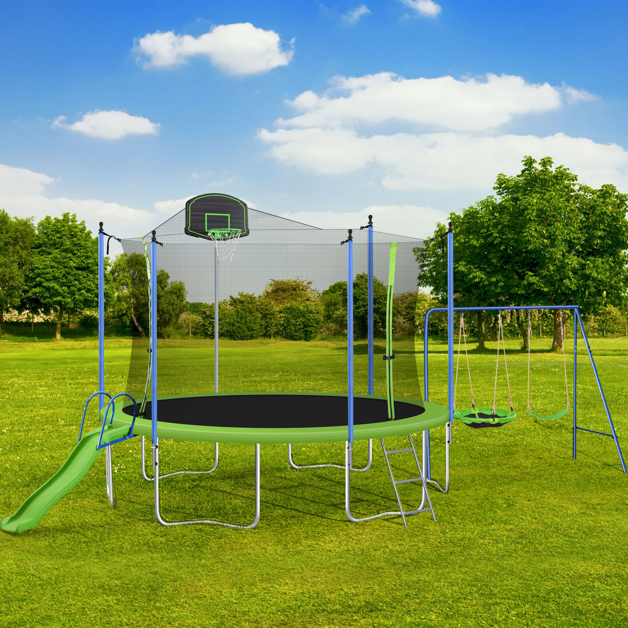 14FT TRAMPOLINE WITH SWING-METAL WITH SLIDE-Boyel Living